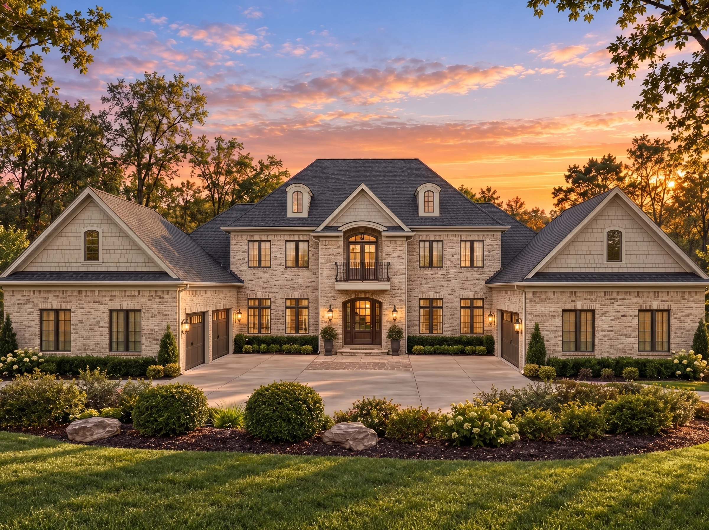 Plan  14-1690 – Zone Retreat |  French Country – 6-Bed, 5-Bath, 6,997 SF - Natural Brick, AI-generated exterior concept