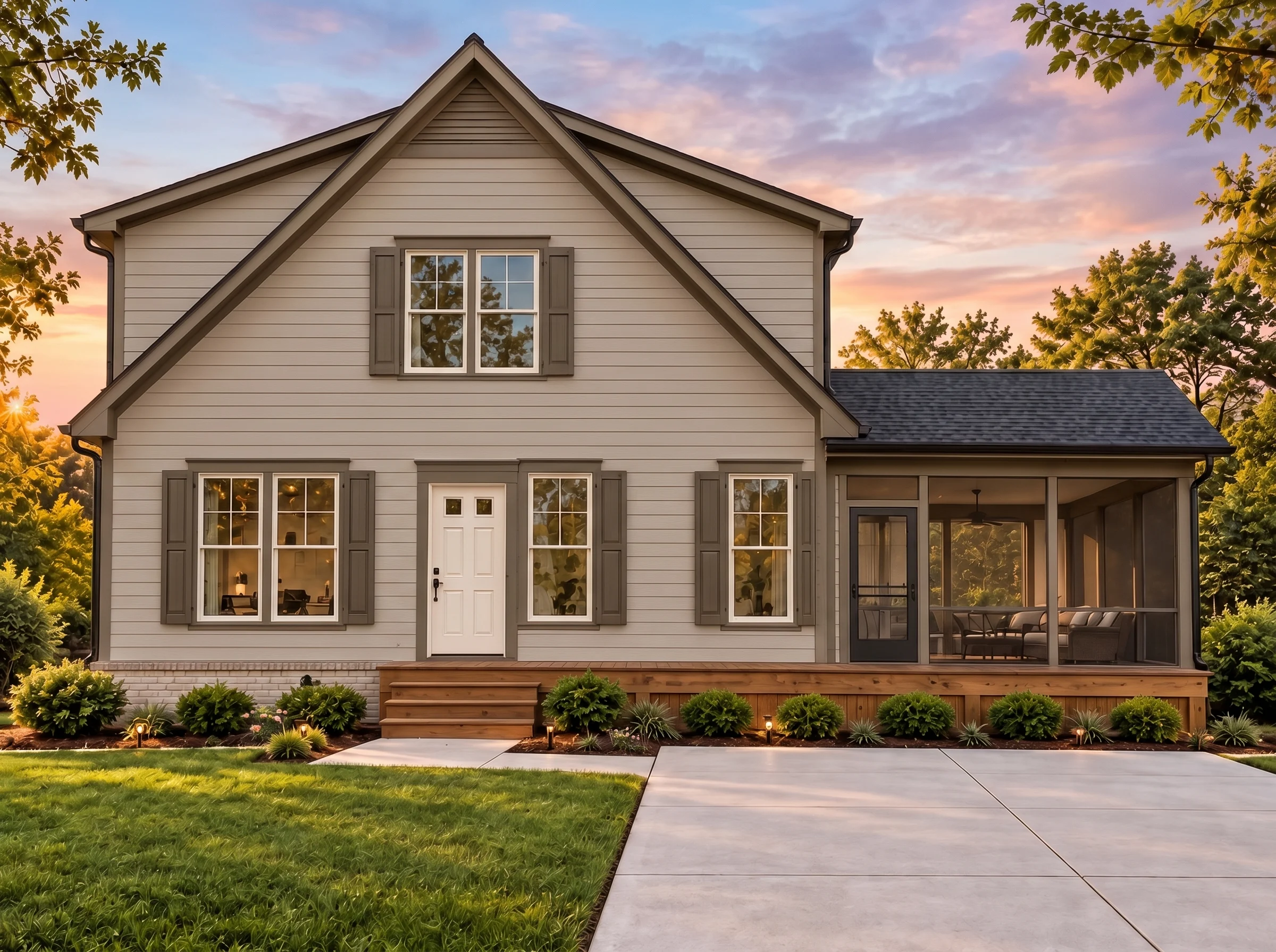 Plan  14-1621 – Aster Bend Hall |  Modern Farmhouse – 3-Bed, 2.5-Bath, 1,479 SF - Mushroom Taupe, AI-generated exterior concept