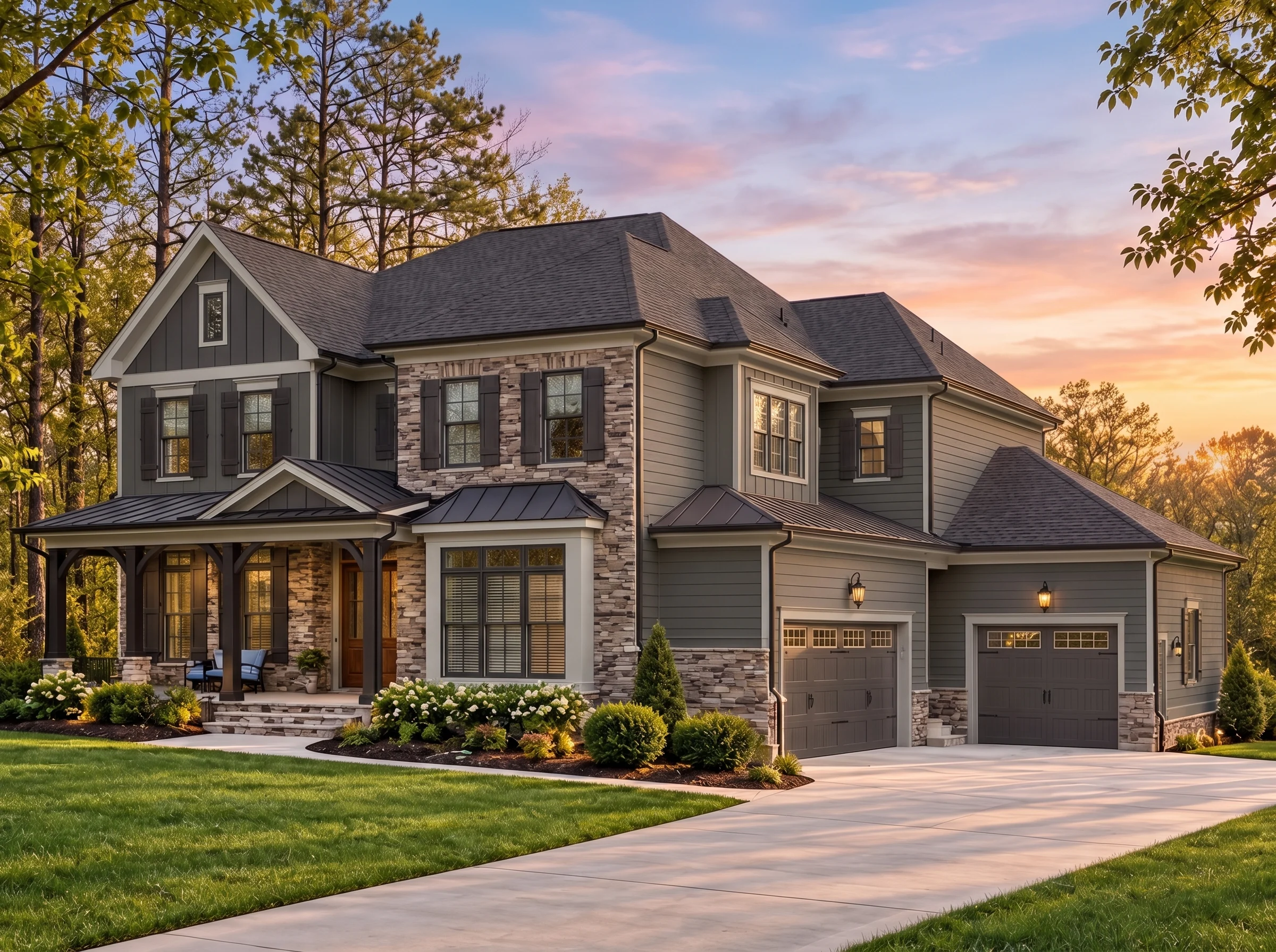 Plan  14-1726 – California Plateau |  Traditional Colonial – 6-Bed, 5.5-Bath, 5,589 SF - Warm Charcoal, AI-generated exterior concept