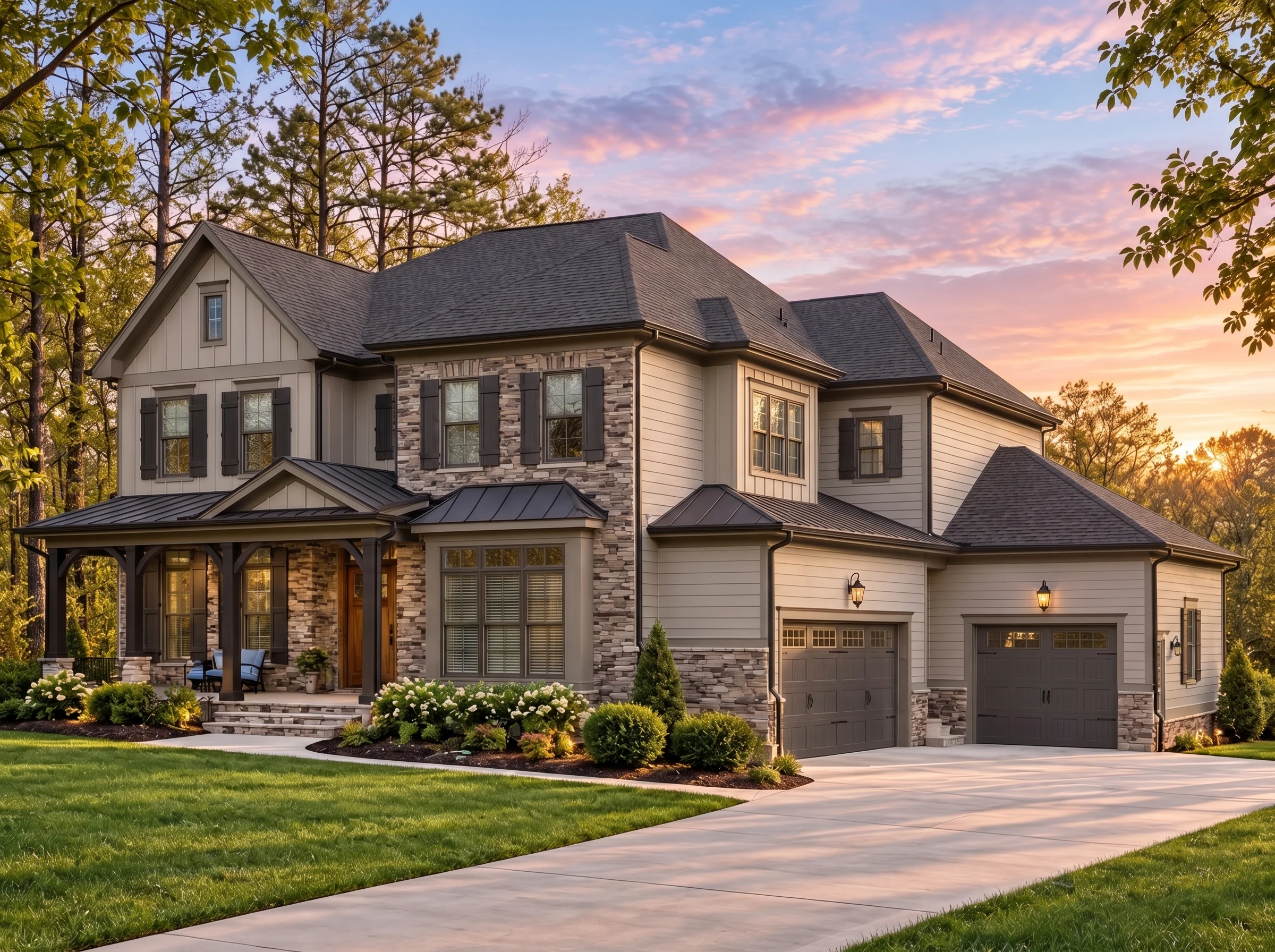 Plan  14-1726 – California Plateau |  Traditional Colonial – 6-Bed, 5.5-Bath, 5,589 SF - Mushroom Taupe, AI-generated exterior concept