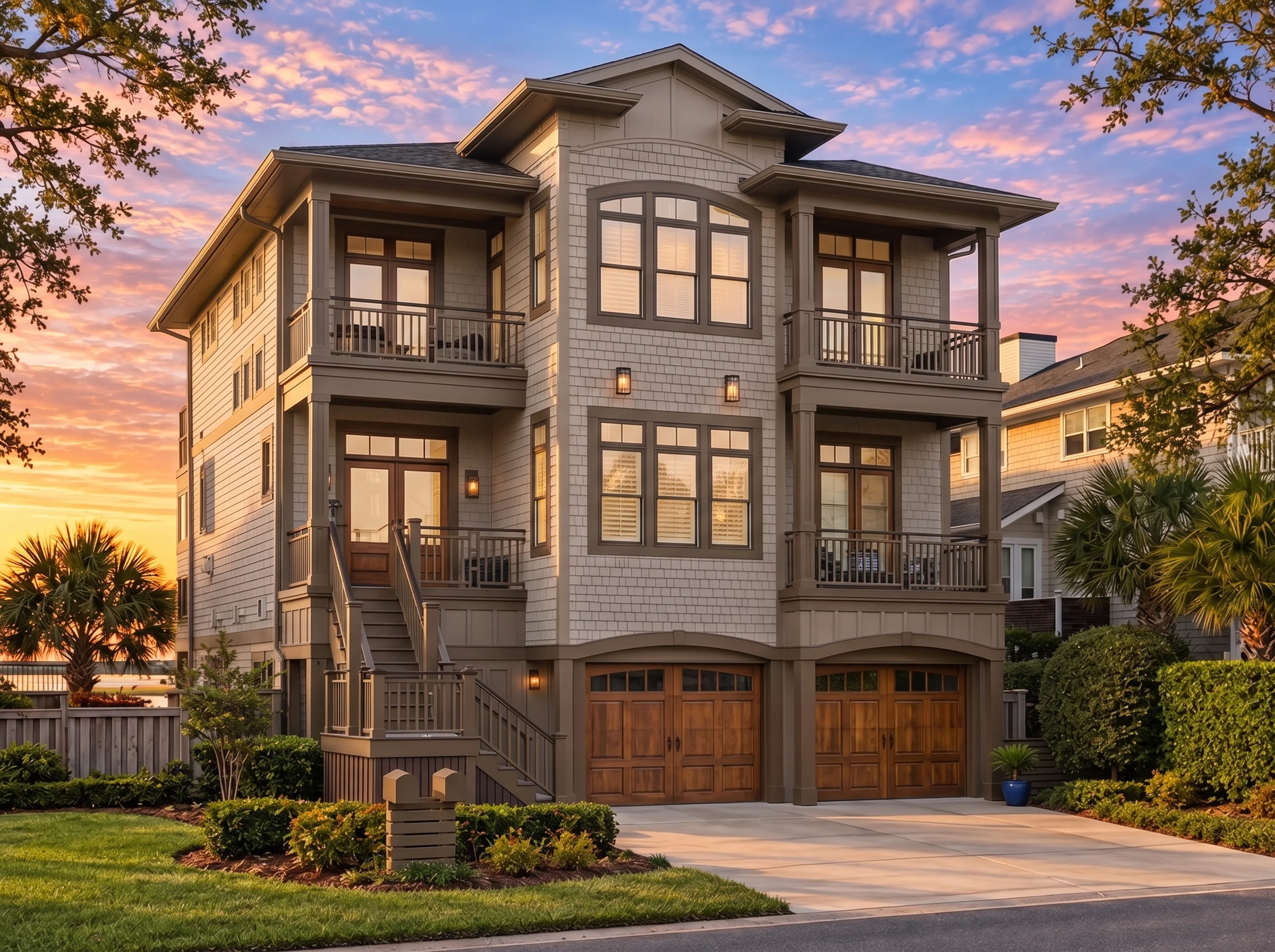Plan  14-1732 – Sphere Estate |  Coastal – 4-Bed, 5-Bath, 3,852 SF - Mushroom Taupe, AI-generated exterior concept