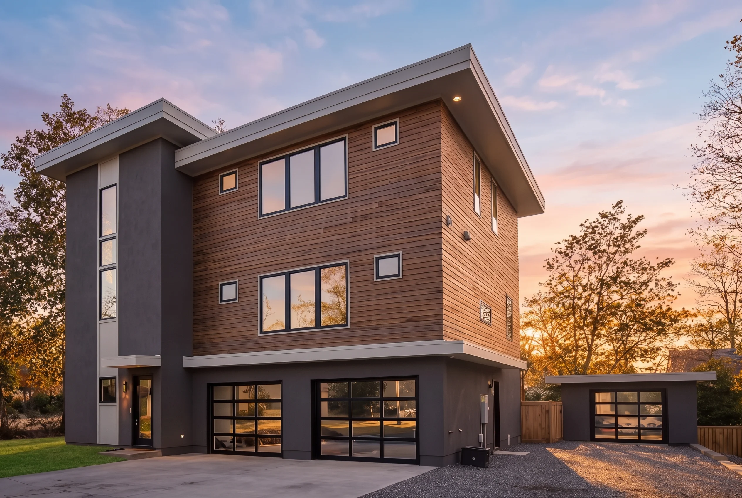 Plan  14-1853 – Illinois Basin |  Urban Contemporary – 5-Bed, 4.5-Bath, 3,779 SF - Warm Charcoal, AI-generated exterior concept