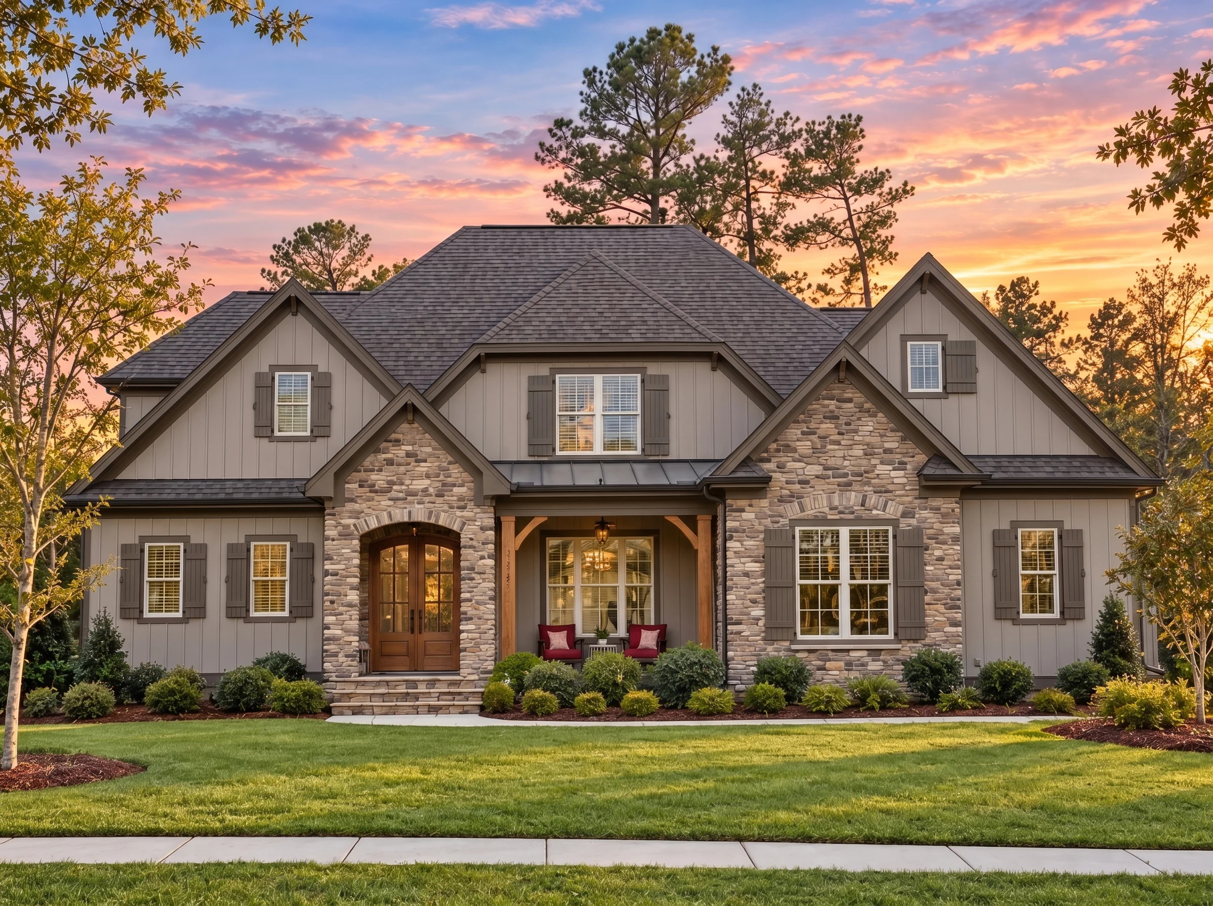 Plan  14-1848 – Poplar Grove Manor |  New American – 4-Bed, 4-Bath, 4,121 SF - Mushroom Taupe, AI-generated exterior concept