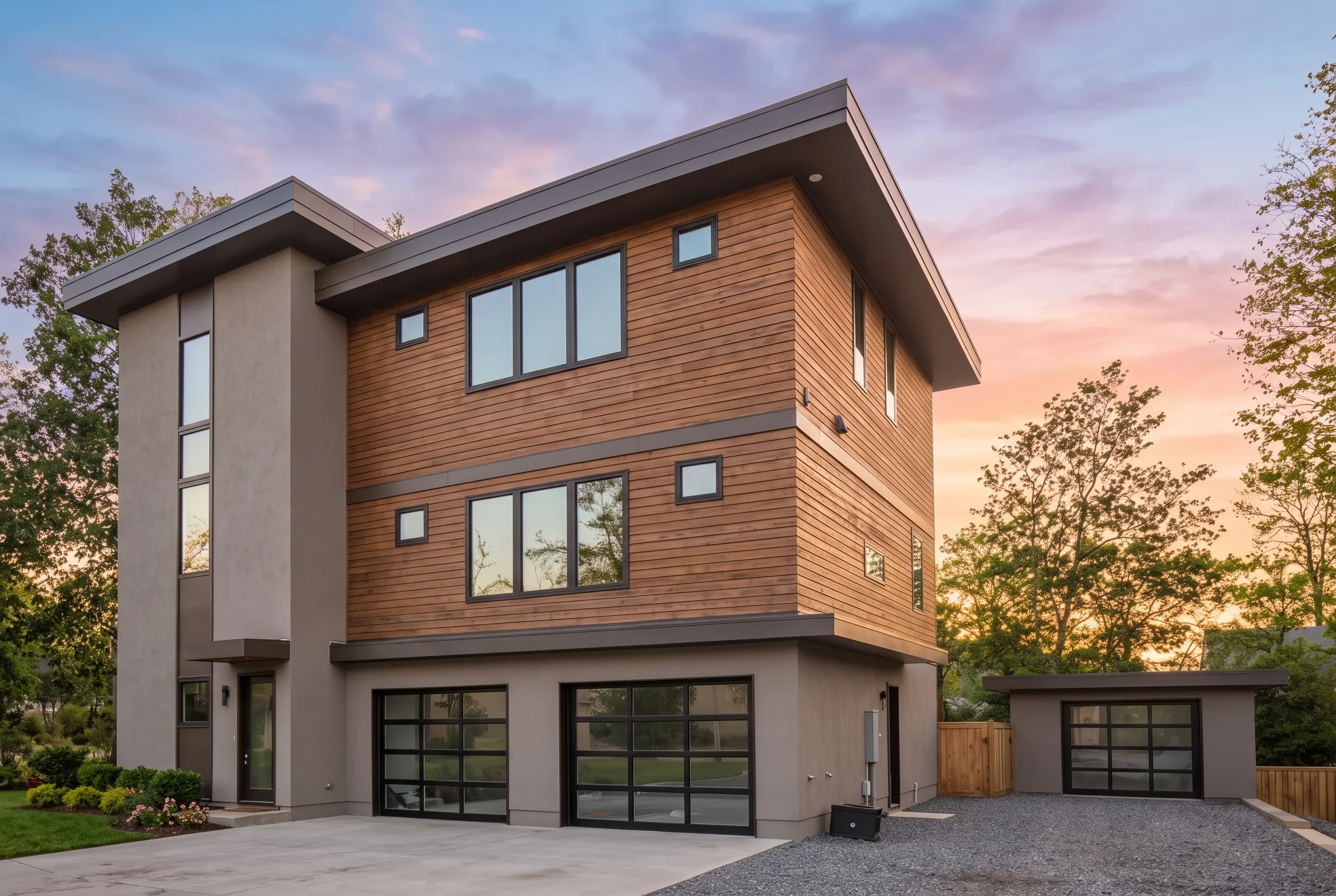 Plan  14-1853 – Illinois Basin |  Urban Contemporary – 5-Bed, 4.5-Bath, 3,779 SF - Mushroom Taupe, AI-generated exterior concept