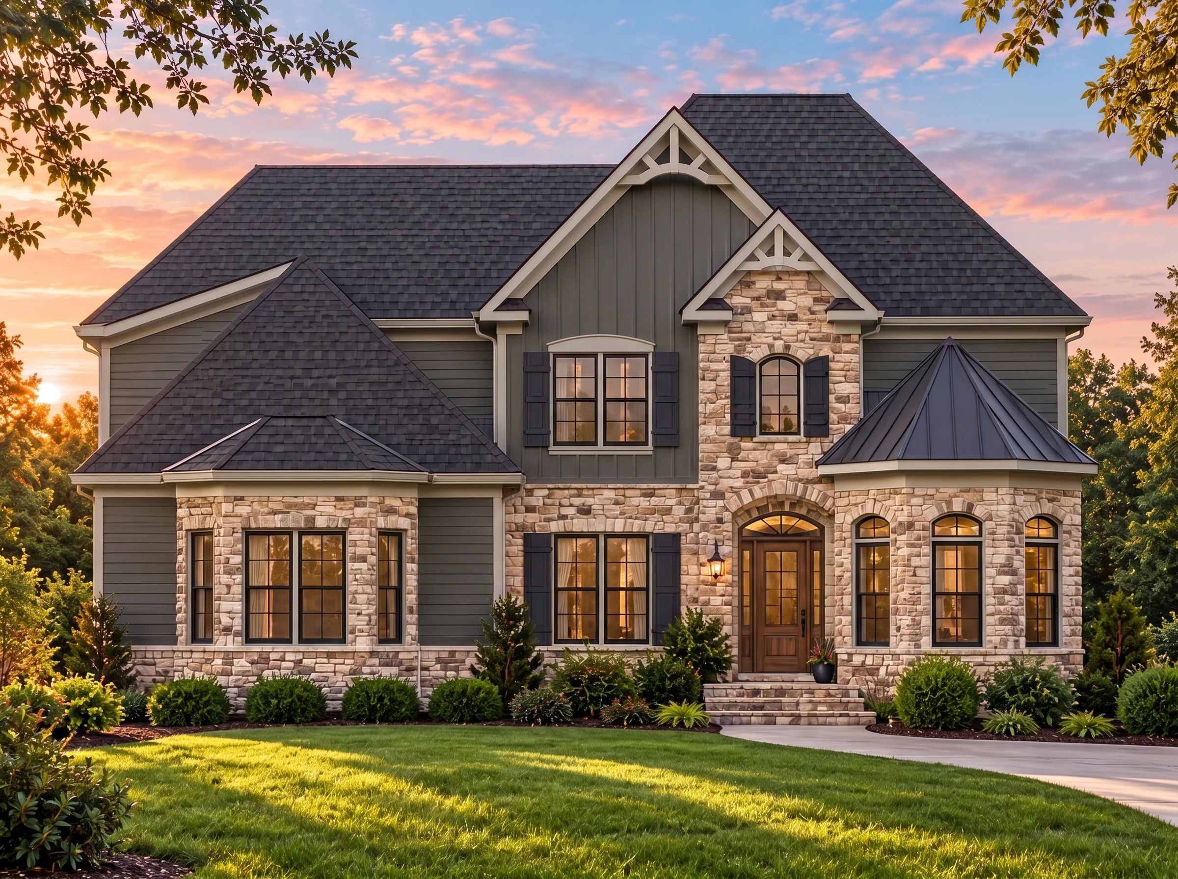 Plan  14-1894 – Aster River Hall |  New American – 4-Bed, 4-Bath, 4,058 SF - Warm Charcoal, AI-generated exterior concept