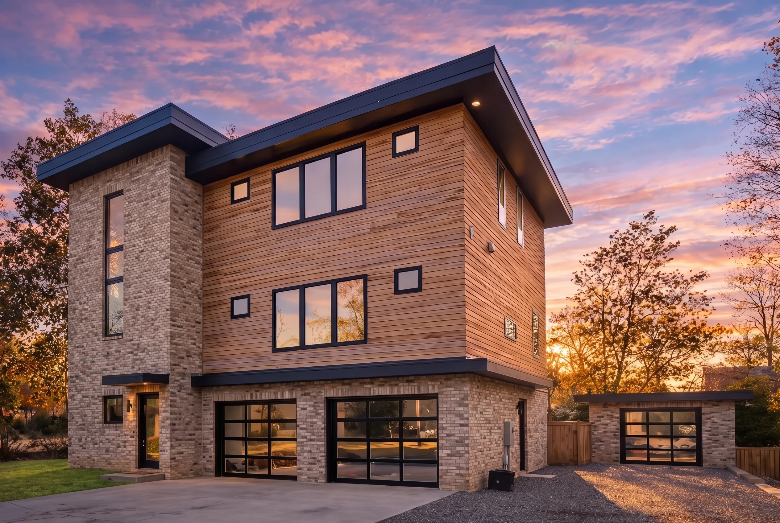 Plan  14-1853 – Illinois Basin |  Urban Contemporary – 5-Bed, 4.5-Bath, 3,779 SF - Natural Brick, AI-generated exterior concept