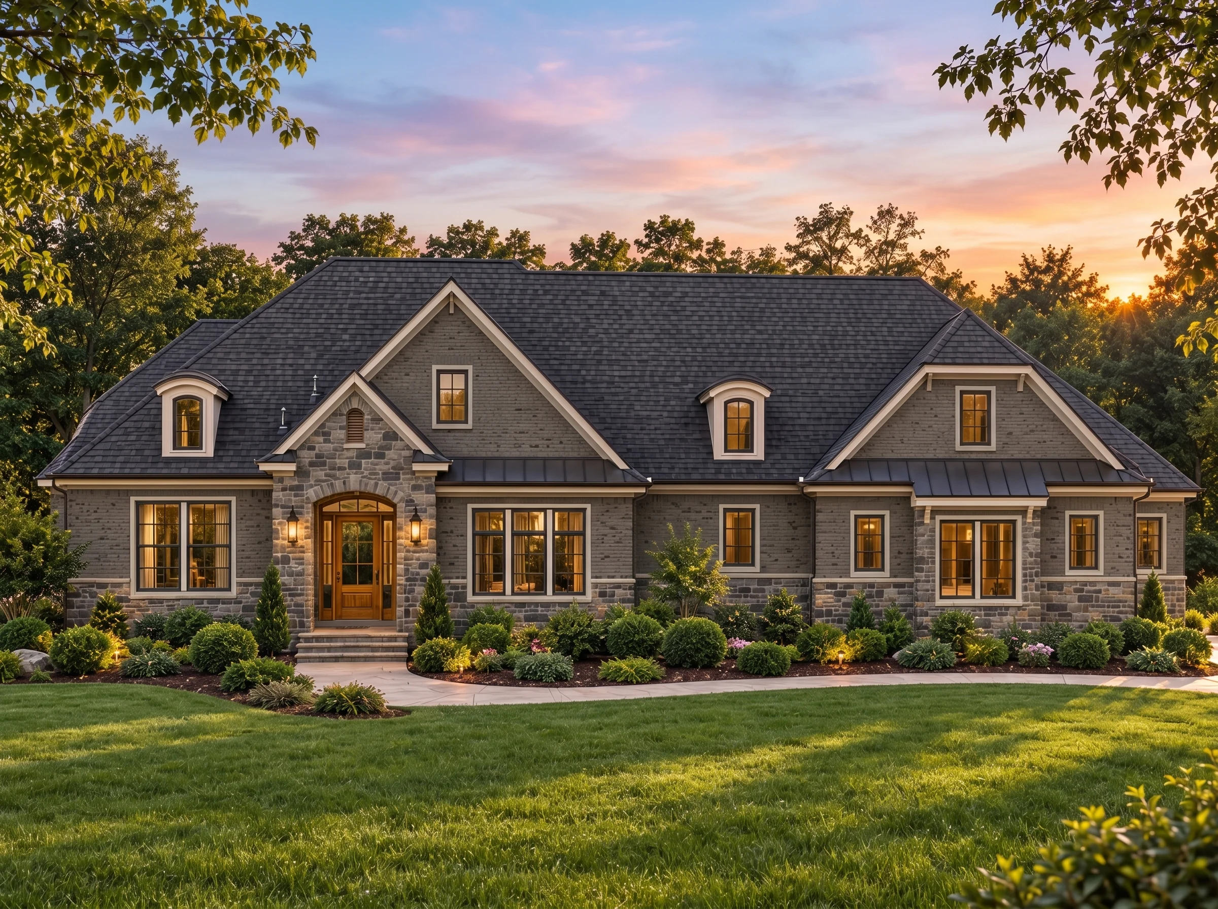 Plan  14-1916 – Tudor Ridge | French  Country – 4-Bed, 5-Bath, 5,021 SF - Warm Charcoal, AI-generated exterior concept