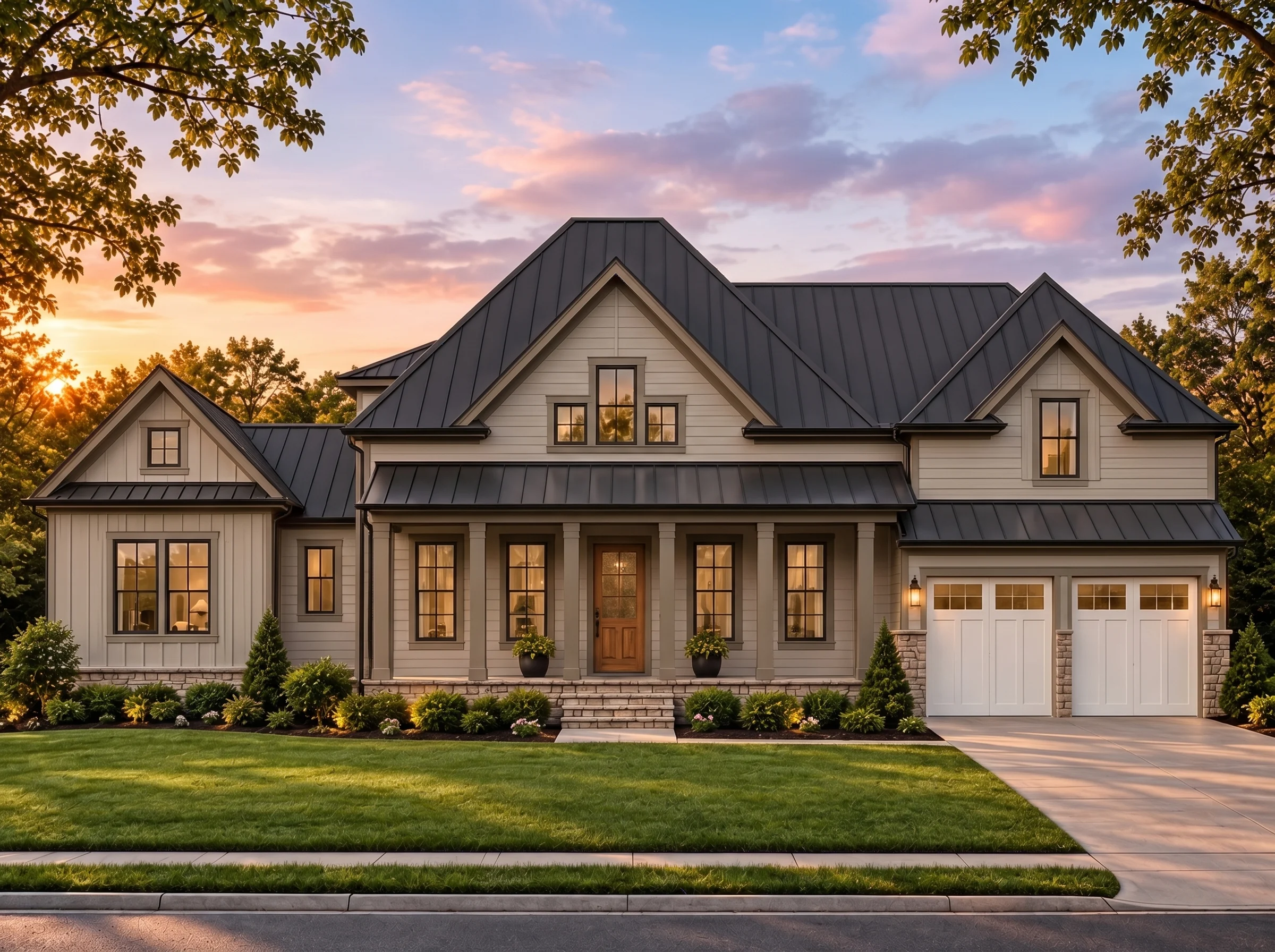 Plan  14-1880 – Auburn Meadow Place  | New American – 4-Bed, 3.5-Bath, 3,750 SF - Mushroom Taupe, AI-generated exterior concept