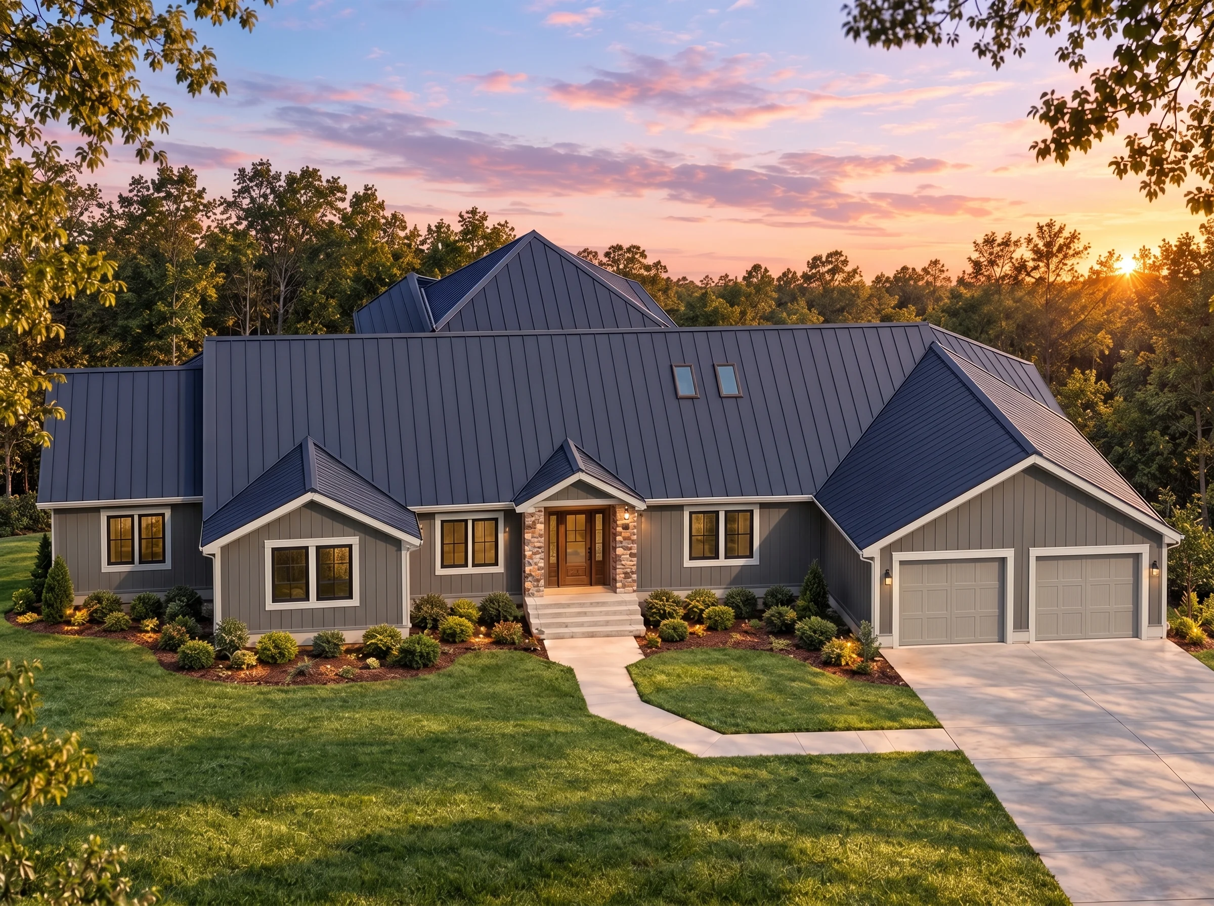 Plan  14-1921 – Oak Hill Residence |  Craftsman Ranch – 3-Bed, 3-Bath, 2,449 SF - Warm Charcoal, AI-generated exterior concept