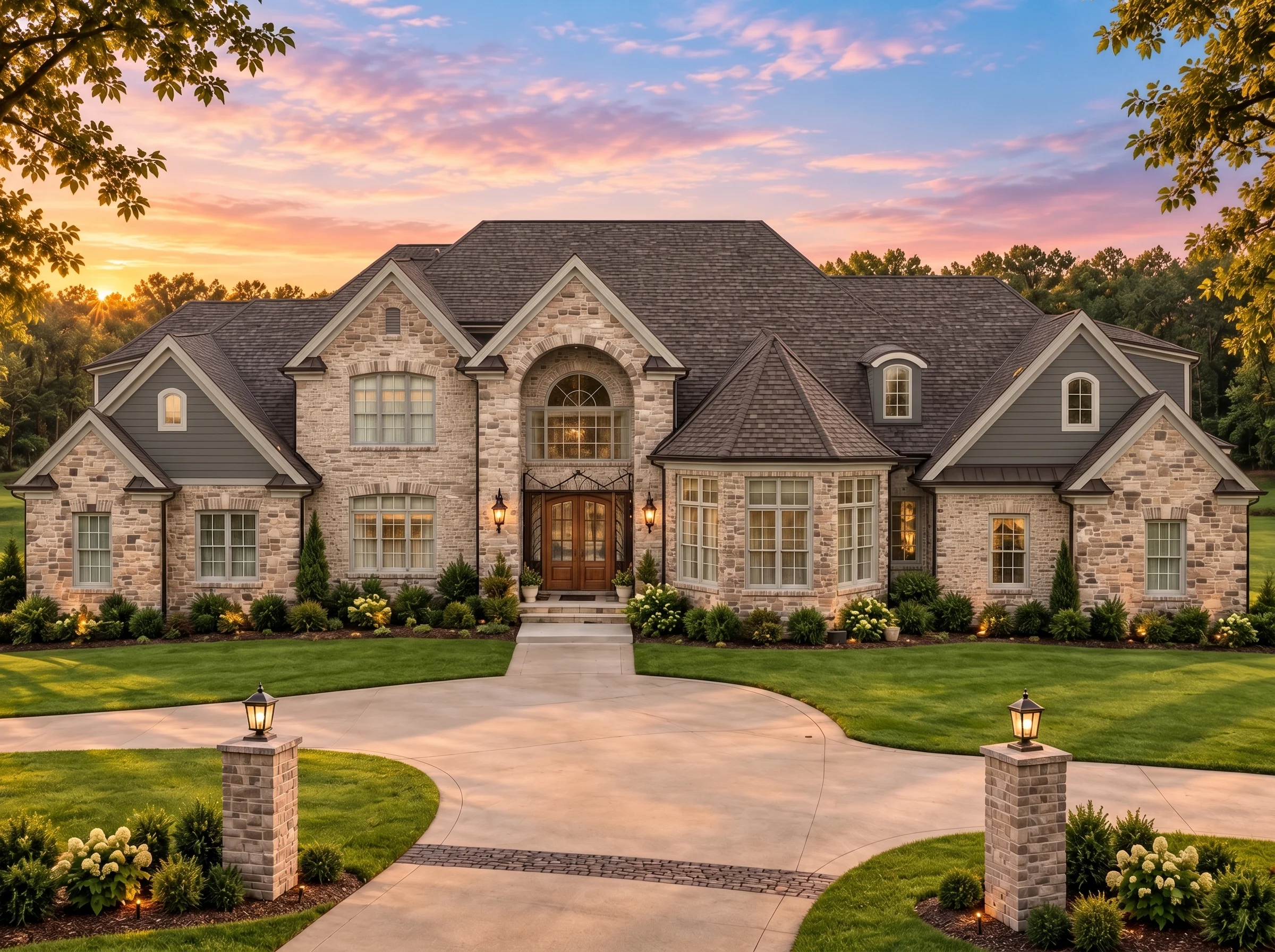 Plan  14-1934 – Pine Brook Manor |  New American – 6-Bed, 3.5-Bath, 9,080 SF - Warm Charcoal, AI-generated exterior concept