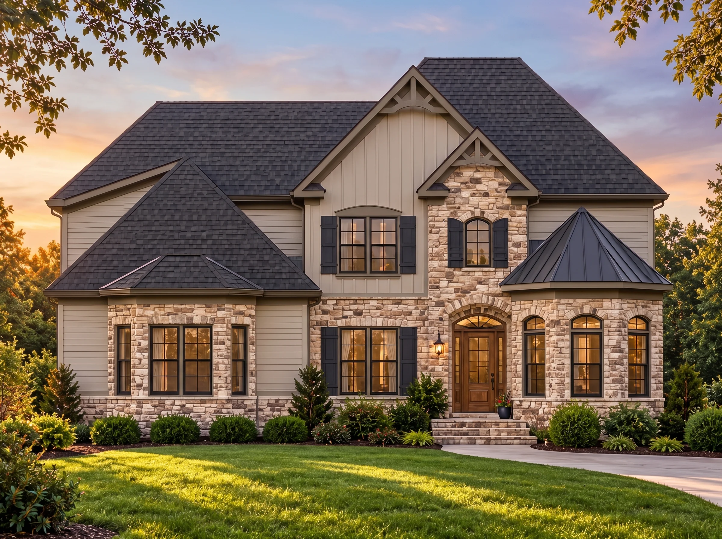 Plan  14-1894 – Aster River Hall |  New American – 4-Bed, 4-Bath, 4,058 SF - Mushroom Taupe, AI-generated exterior concept
