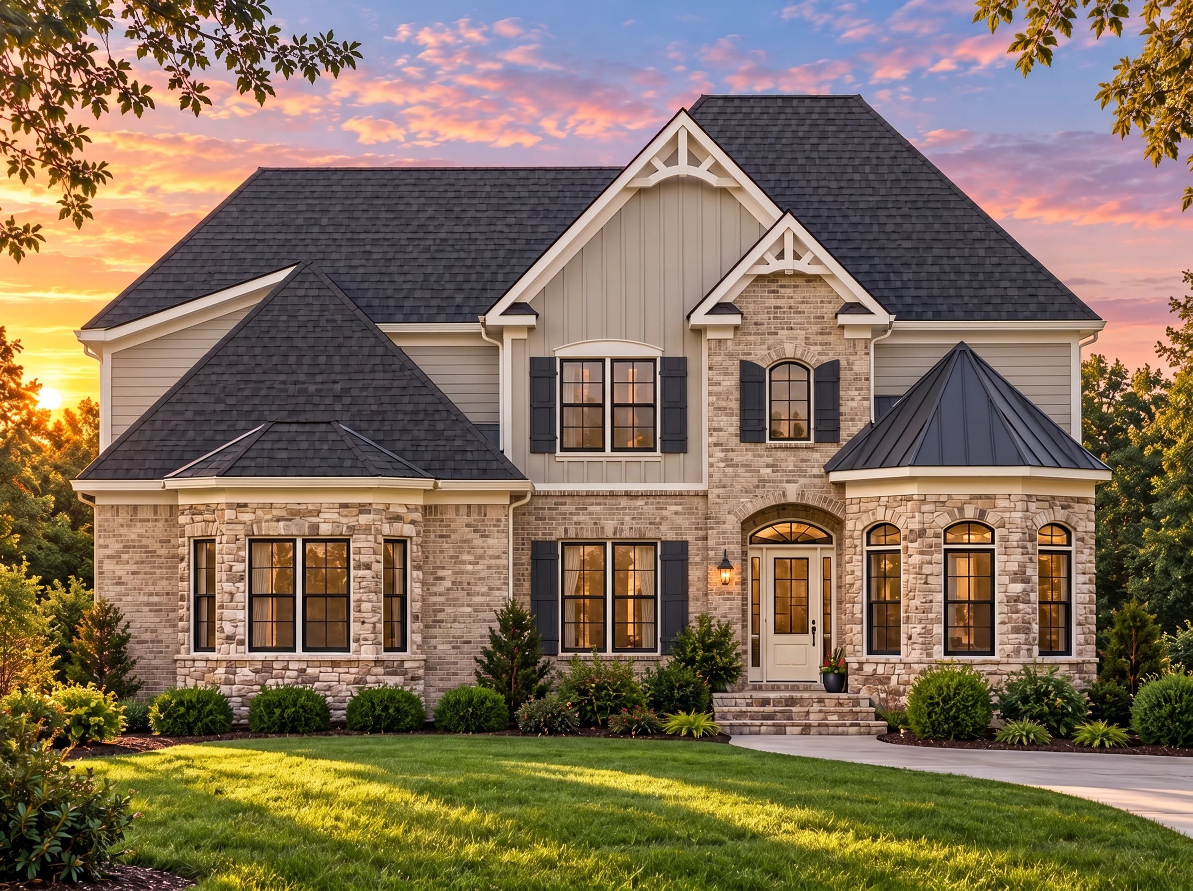 Plan  14-1894 – Aster River Hall |  New American – 4-Bed, 4-Bath, 4,058 SF - Natural Brick, AI-generated exterior concept