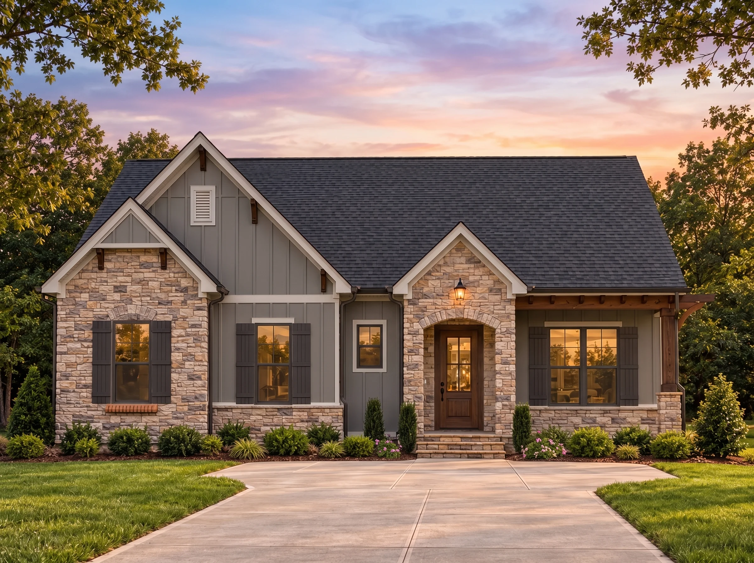 Plan  14-1930 – Aster Run Lodge |  Traditional – 3-Bed, 2.5-Bath, 2,587 SF - Warm Charcoal, AI-generated exterior concept