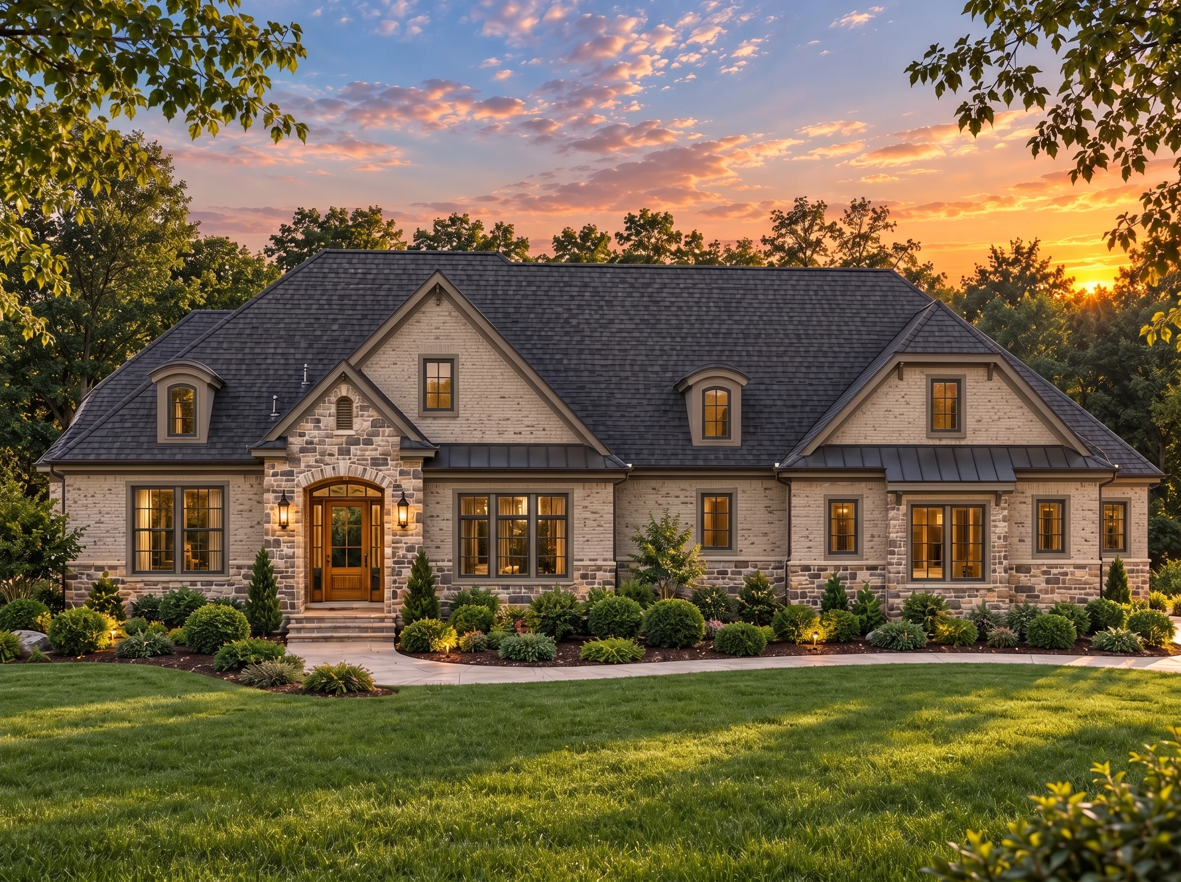 Plan  14-1916 – Tudor Ridge | French  Country – 4-Bed, 5-Bath, 5,021 SF - Mushroom Taupe, AI-generated exterior concept