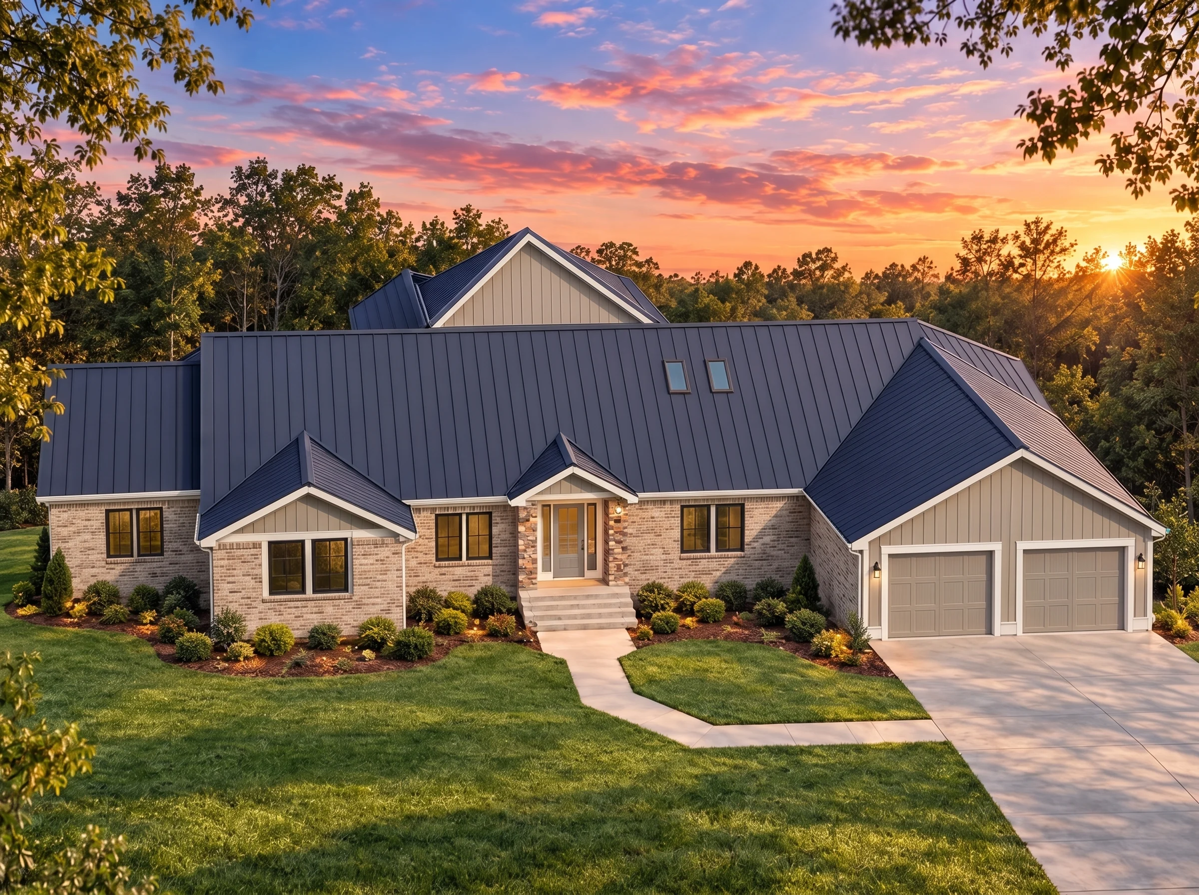 Plan  14-1921 – Oak Hill Residence |  Craftsman Ranch – 3-Bed, 3-Bath, 2,449 SF - Natural Brick, AI-generated exterior concept