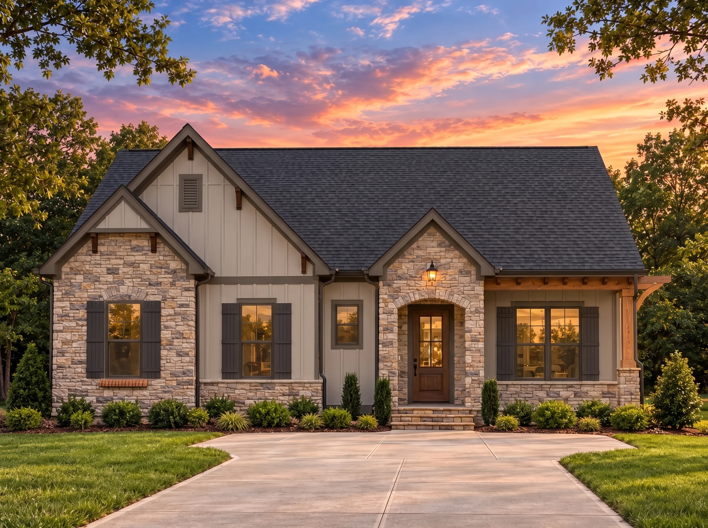 Plan  14-1930 – Aster Run Lodge |  Traditional – 3-Bed, 2.5-Bath, 2,587 SF - Mushroom Taupe, AI-generated exterior concept