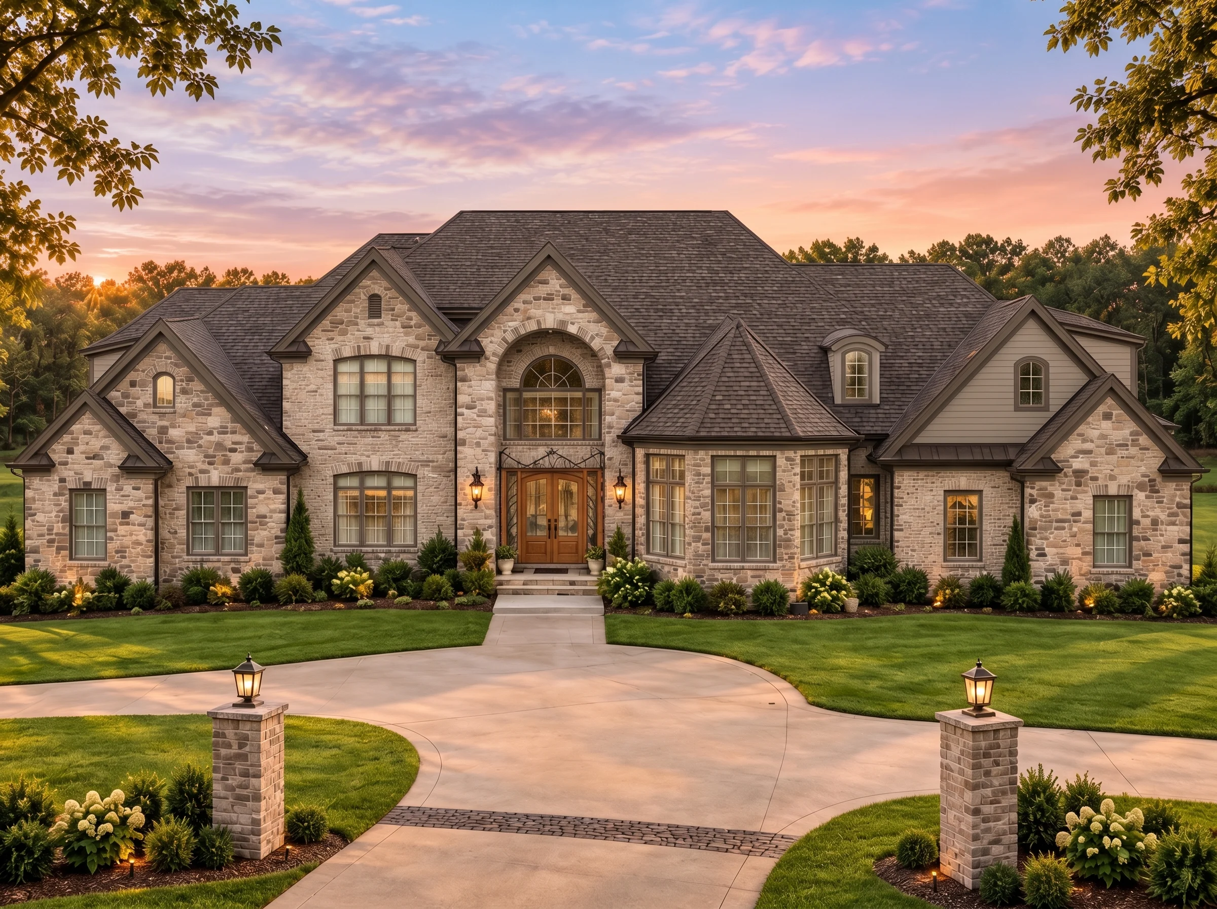 Plan  14-1934 – Pine Brook Manor |  New American – 6-Bed, 3.5-Bath, 9,080 SF - Mushroom Taupe, AI-generated exterior concept