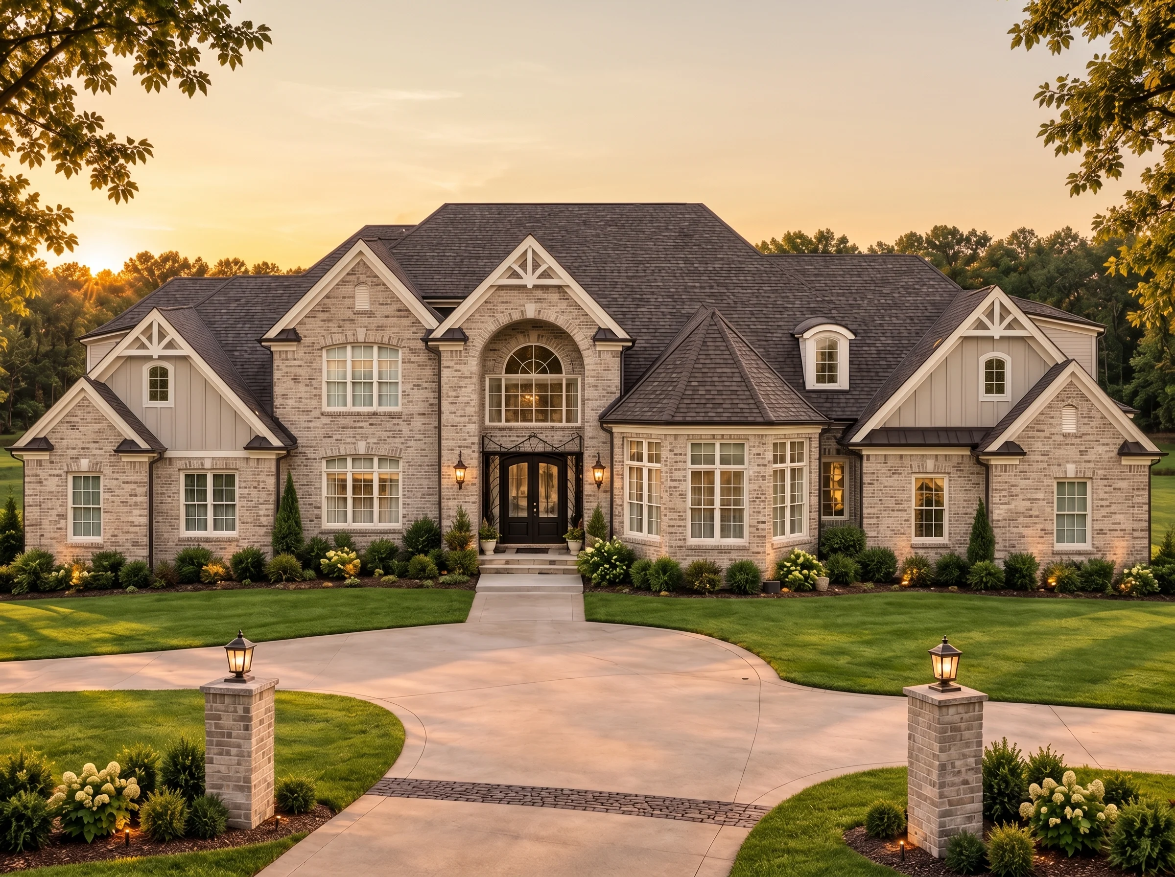 Plan  14-1934 – Pine Brook Manor |  New American – 6-Bed, 3.5-Bath, 9,080 SF - Natural Brick, AI-generated exterior concept
