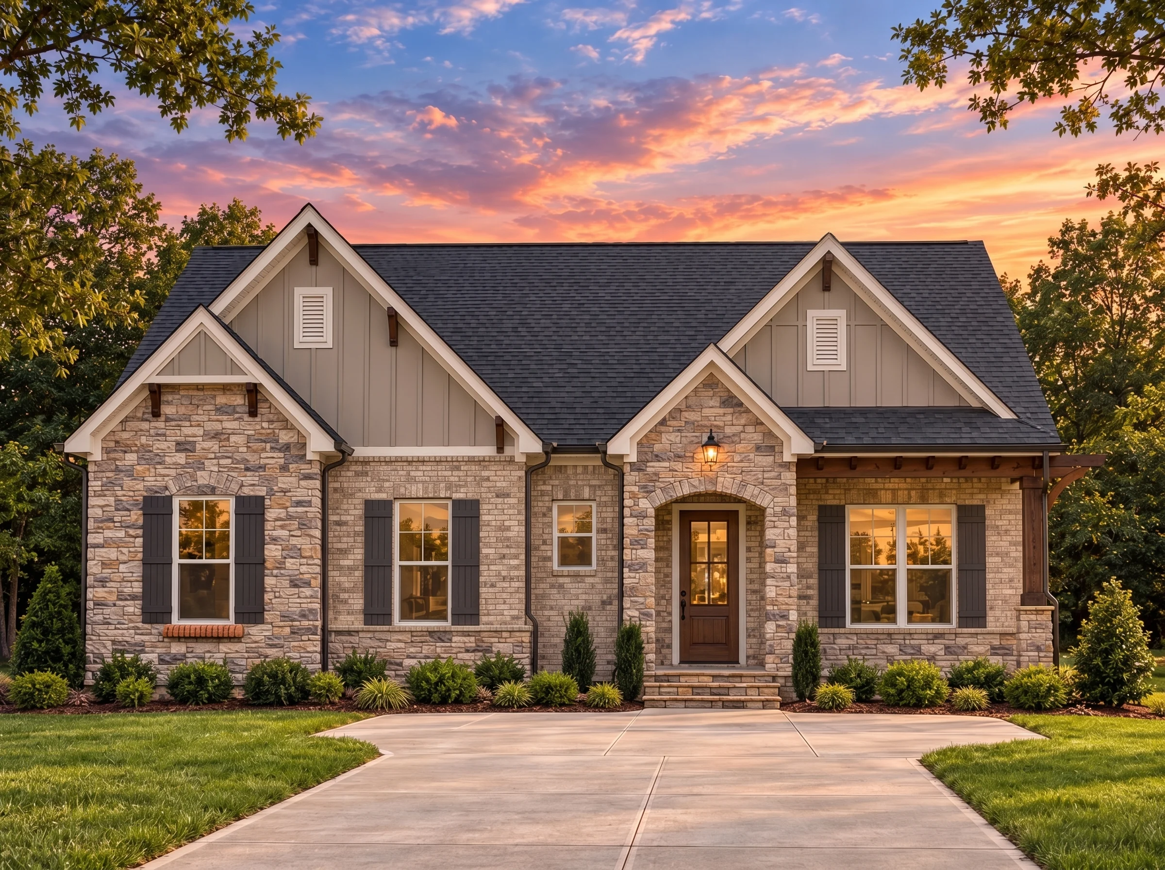 Plan  14-1930 – Aster Run Lodge |  Traditional – 3-Bed, 2.5-Bath, 2,587 SF - Natural Brick, AI-generated exterior concept