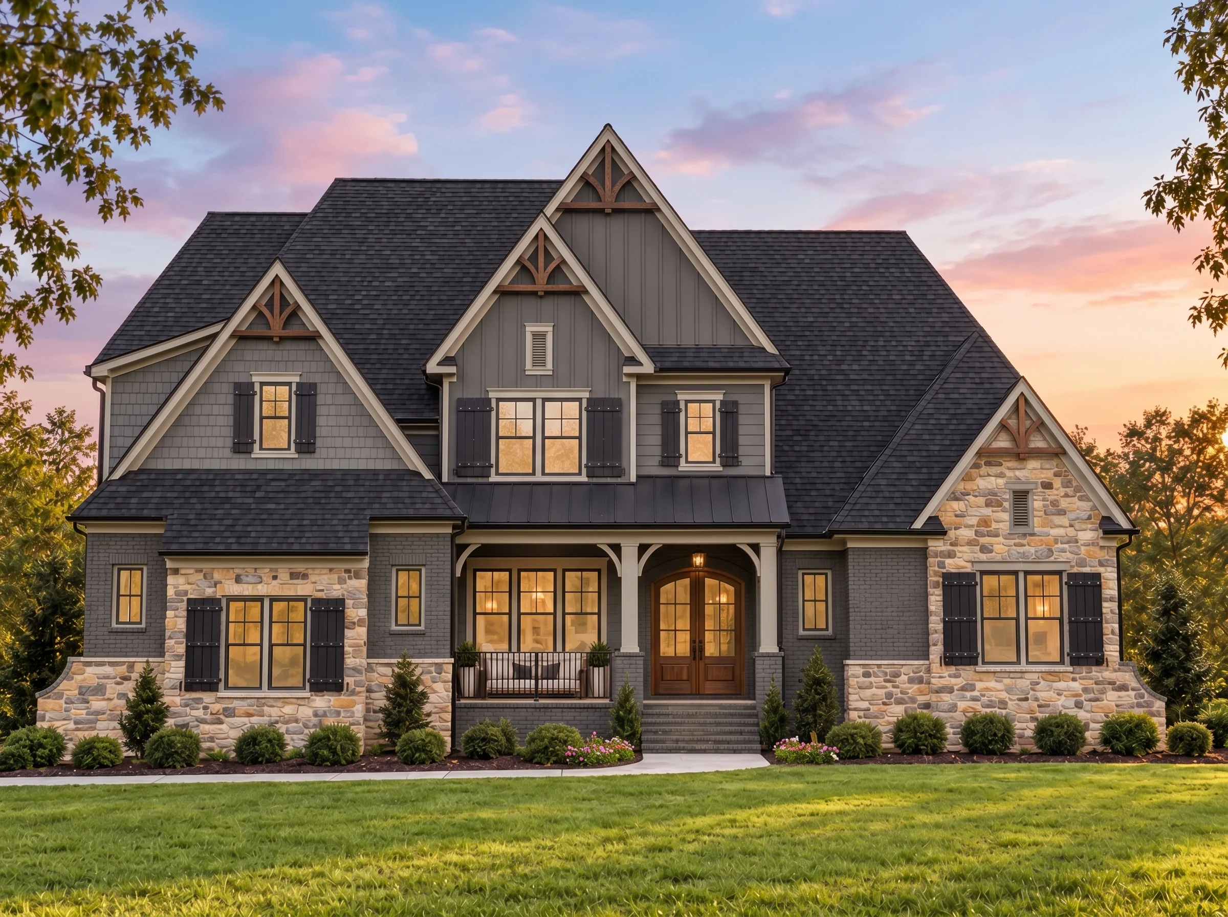 Plan  14-1971 – Aster River Residence  | New American – 5-Bed, 5-Bath, 5,029 SF - Warm Charcoal, AI-generated exterior concept