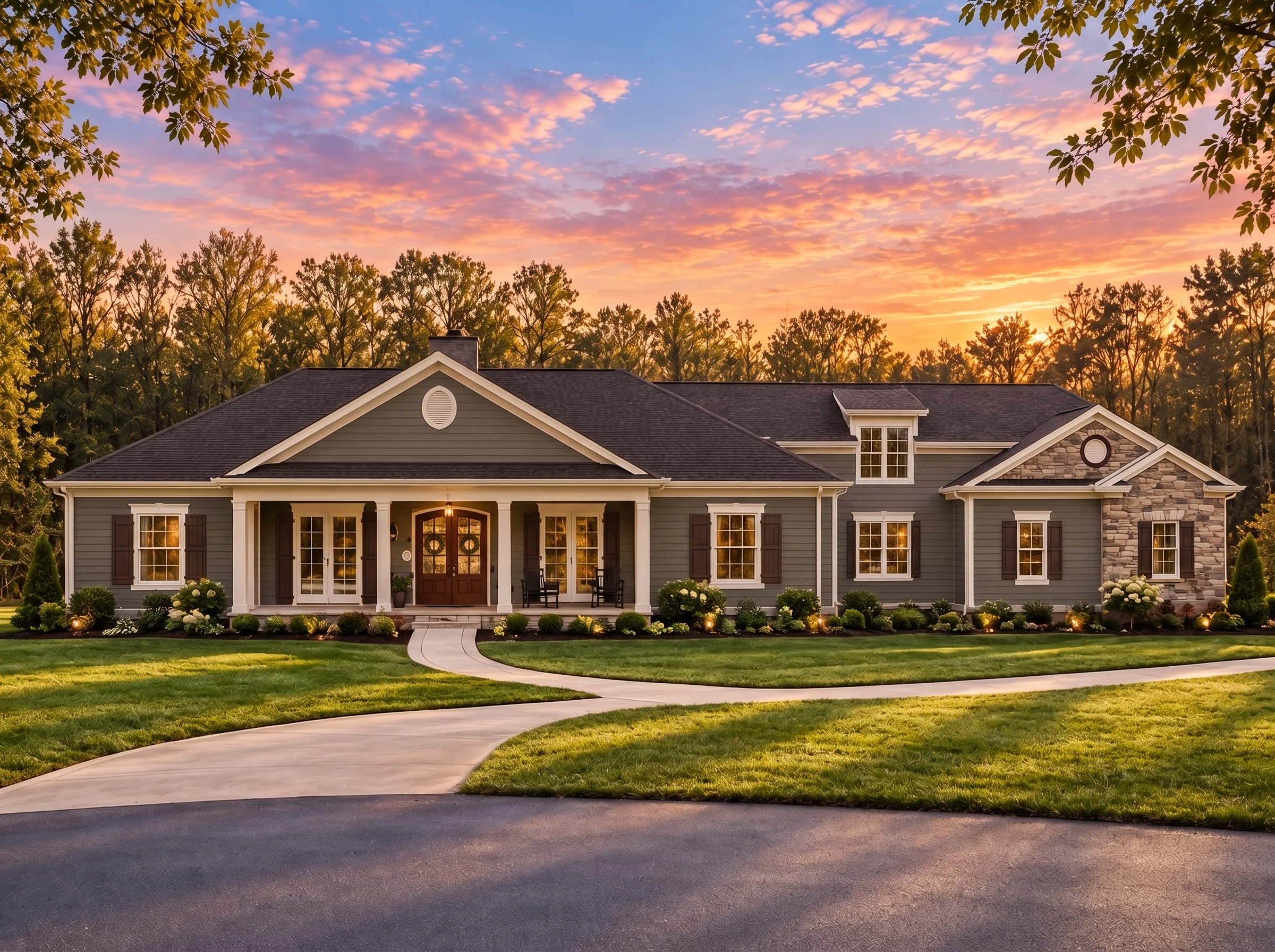 Plan  14-1990 – Outline Retreat |  Traditional Ranch – 3-Bed, 3-Bath, 3,639 SF - Warm Charcoal, AI-generated exterior concept