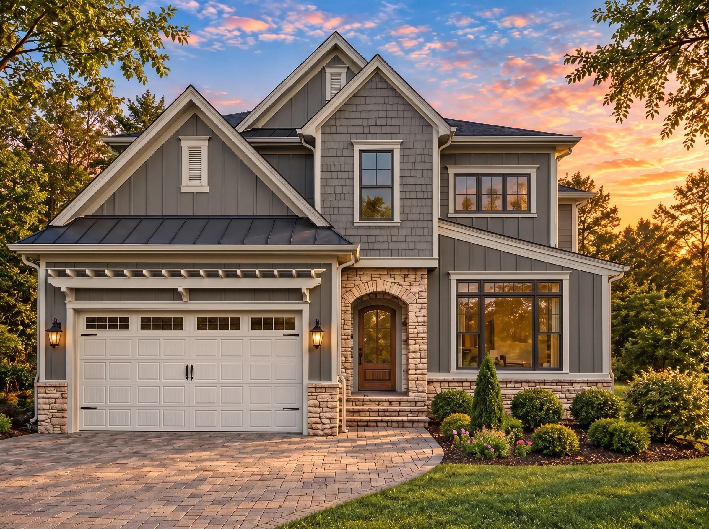 Plan  14-1991 – Trace Manor |  Transitional – 4-Bed, 4.5-Bath, 4,157 SF - Warm Charcoal, AI-generated exterior concept
