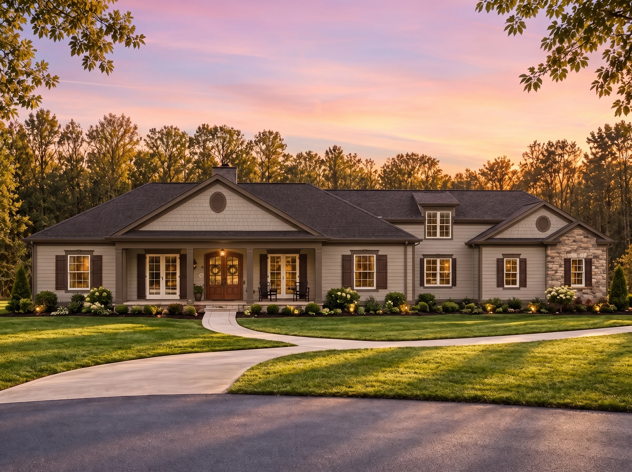 Plan  14-1990 – Outline Retreat |  Traditional Ranch – 3-Bed, 3-Bath, 3,639 SF - Mushroom Taupe, AI-generated exterior concept