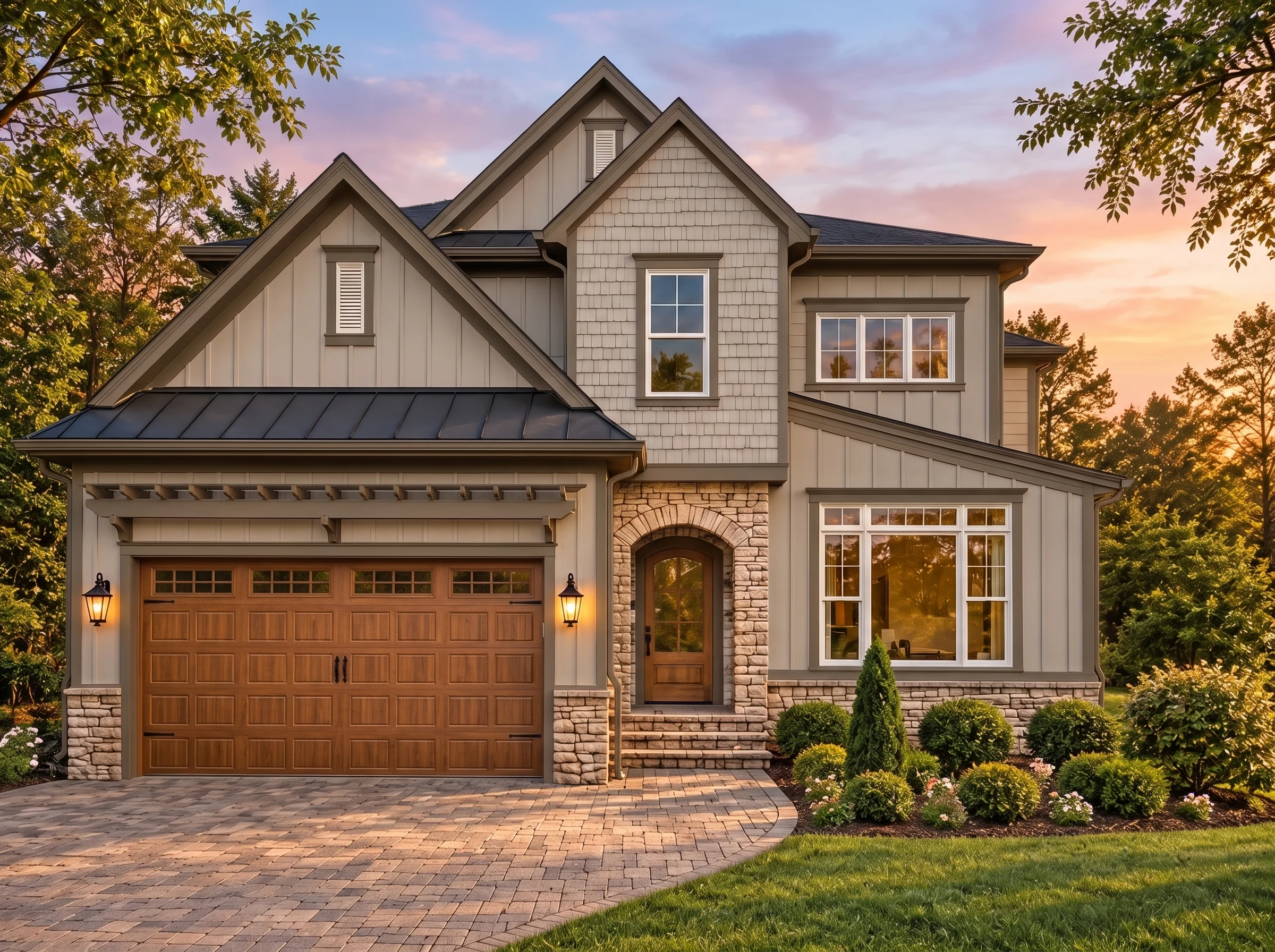 Plan  14-1991 – Trace Manor |  Transitional – 4-Bed, 4.5-Bath, 4,157 SF - Mushroom Taupe, AI-generated exterior concept
