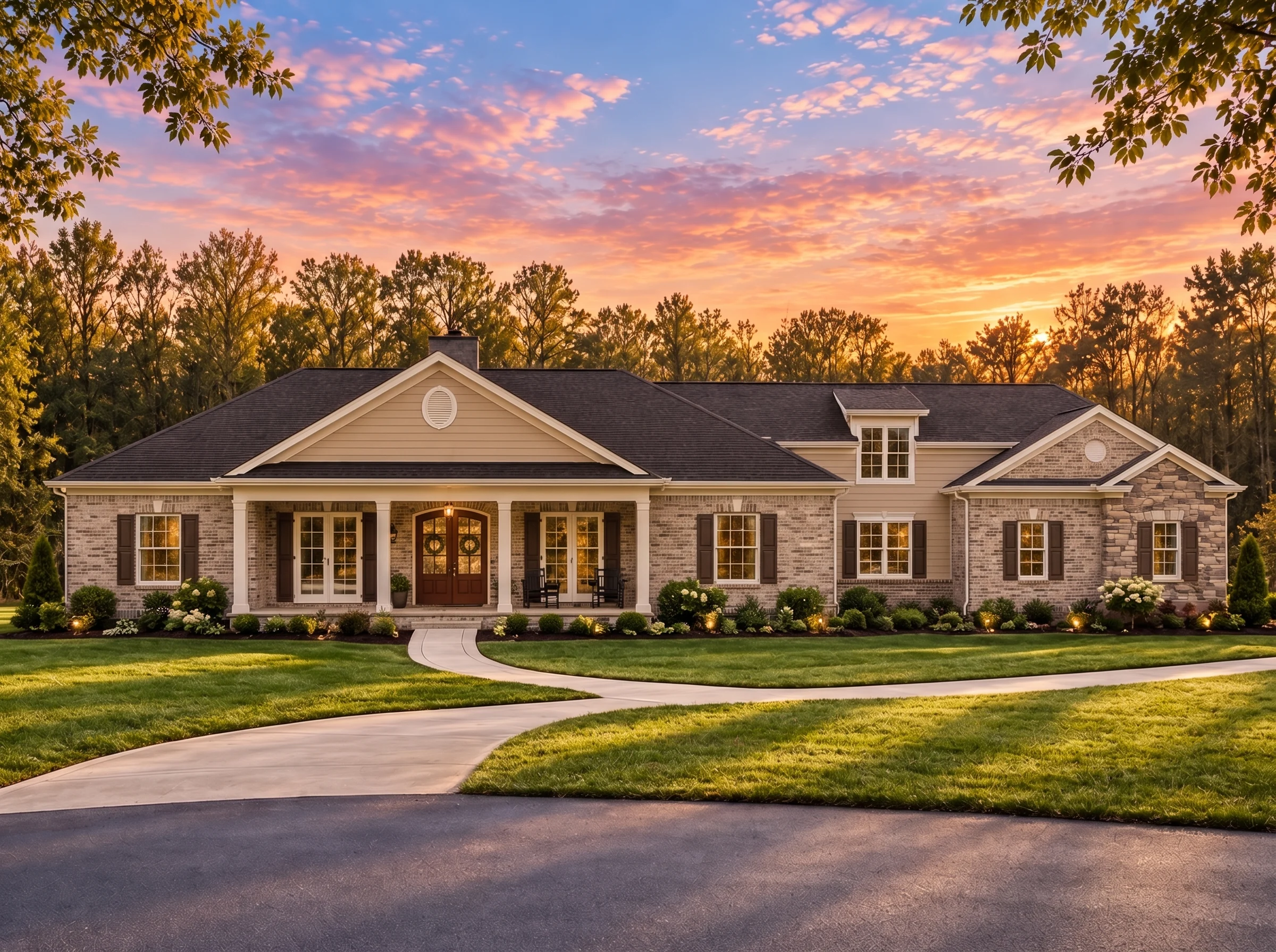 Plan  14-1990 – Outline Retreat |  Traditional Ranch – 3-Bed, 3-Bath, 3,639 SF - Natural Brick, AI-generated exterior concept