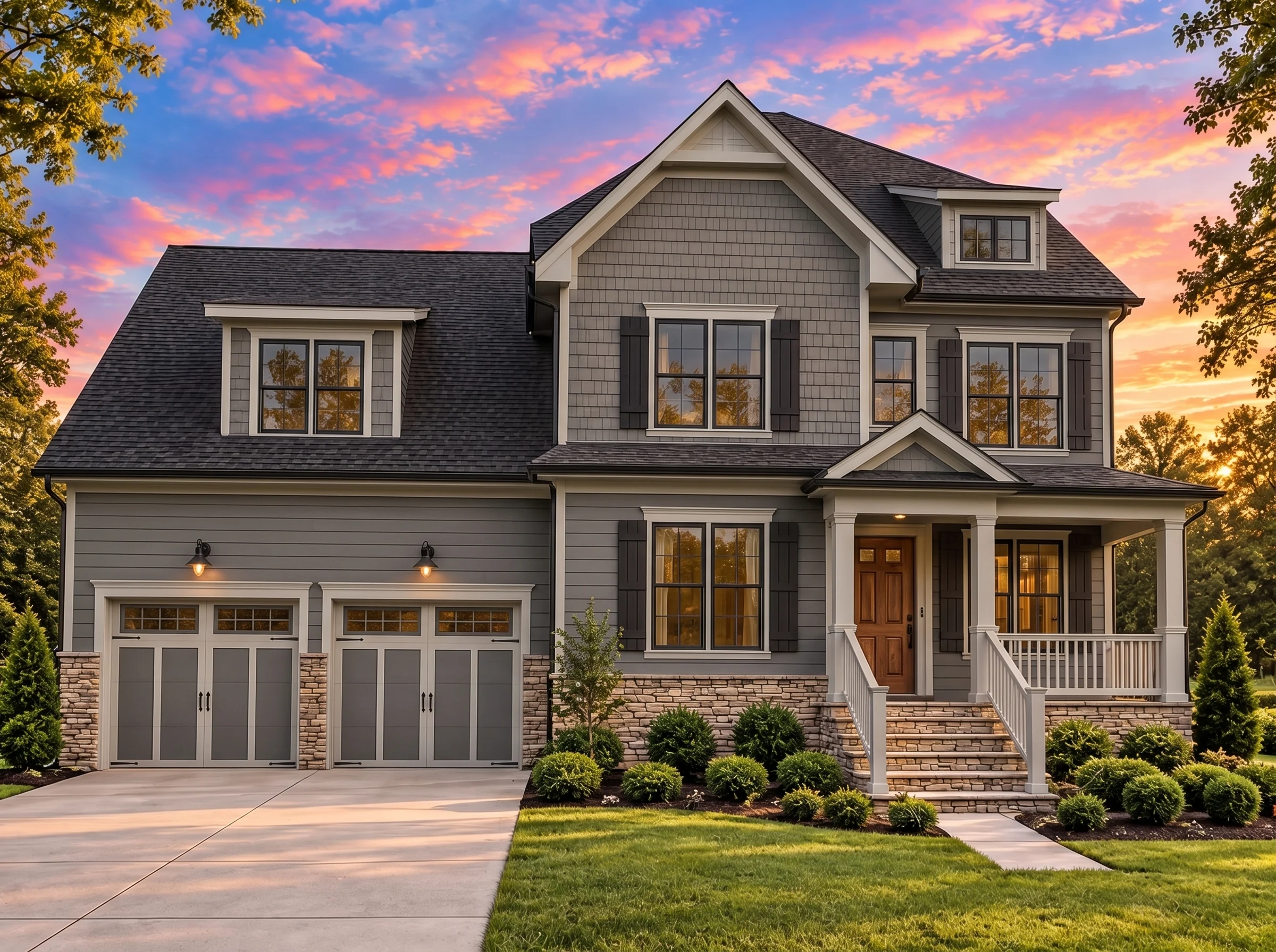 Plan  14-2011 – Aster Creek Lodge |  New American – 4-Bed, 3-Bath, 3,363 SF - Warm Charcoal, AI-generated exterior concept