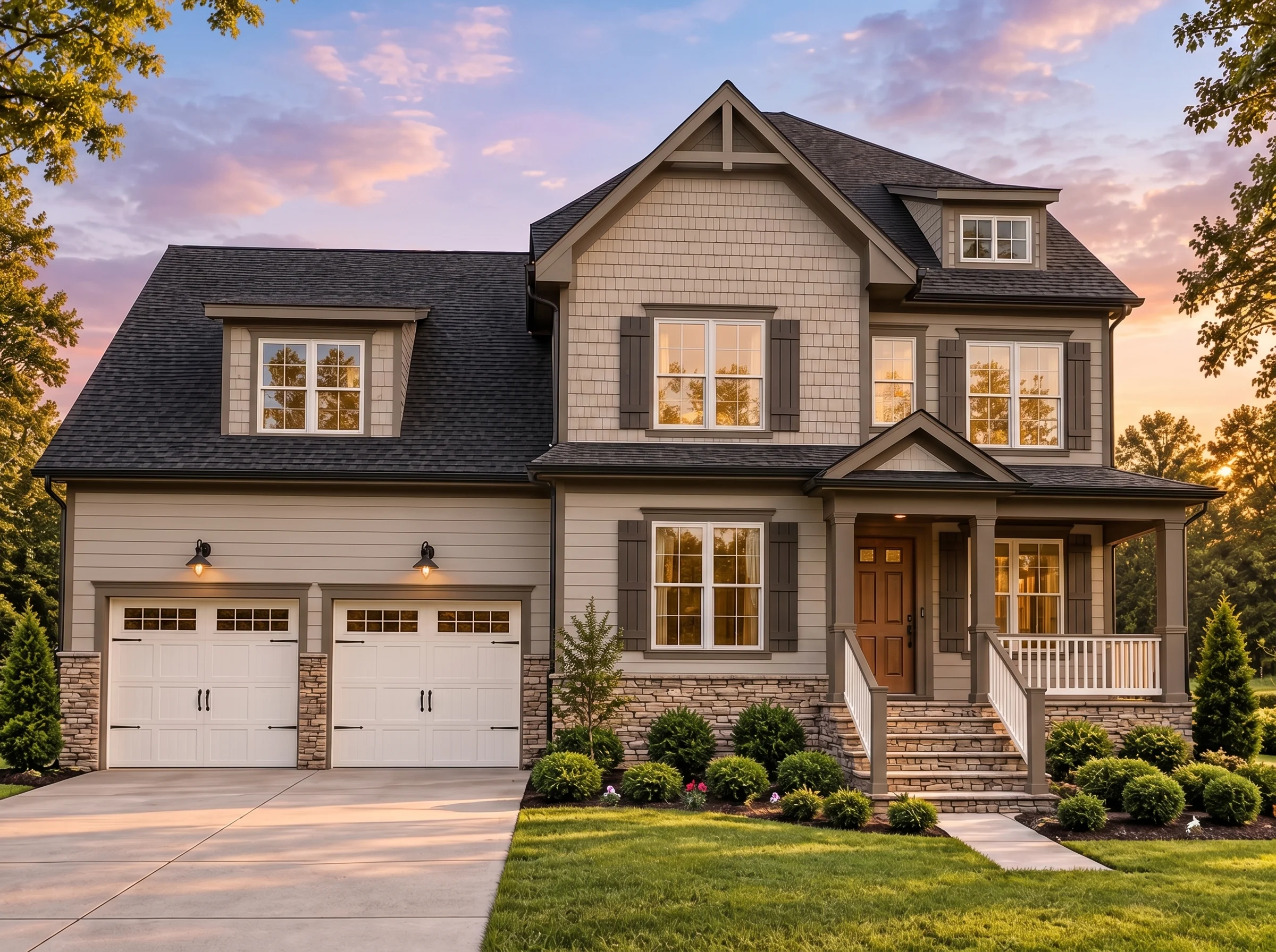 Plan  14-2011 – Aster Creek Lodge |  New American – 4-Bed, 3-Bath, 3,363 SF - Mushroom Taupe, AI-generated exterior concept