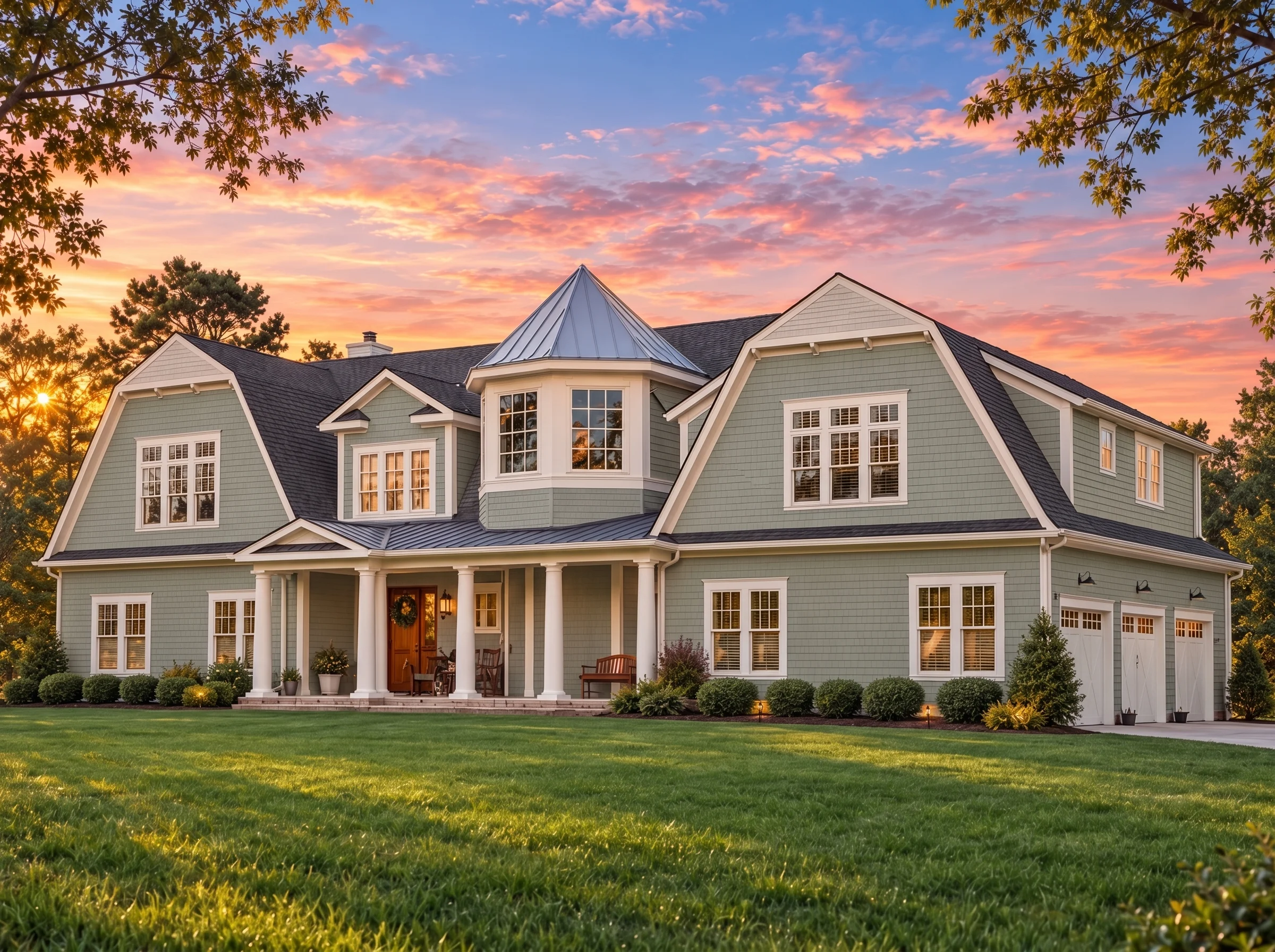 Plan  14-2016 – Aster Willow Estate  | Shingle Style – 6-Bed, 5.5-Bath, 5,507 SF - Muted Sage, AI-generated exterior concept