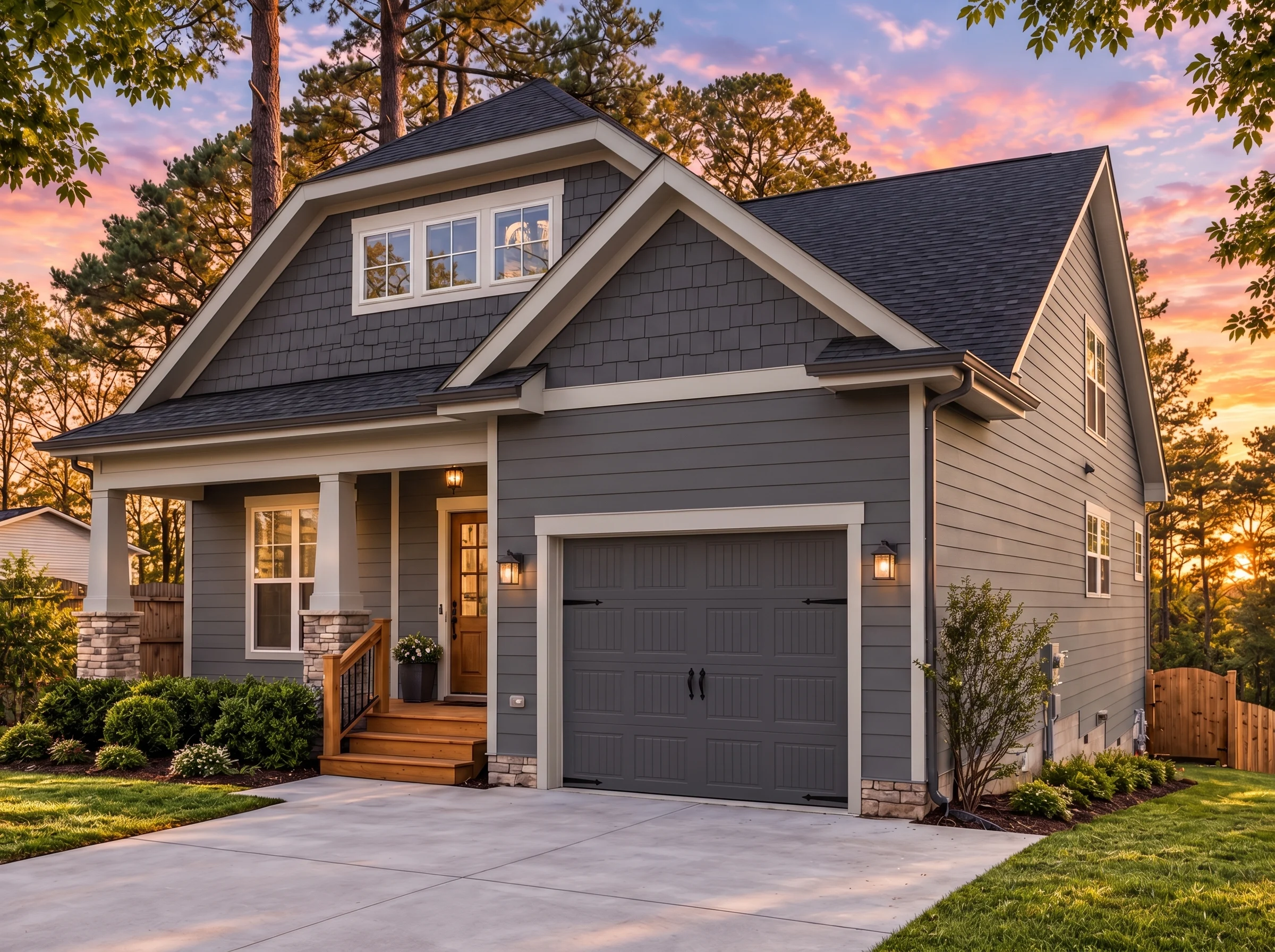 Plan  14-2045 – Aster Point Residence  | Modern Farmhouse – 3-Bed, 3-Bath, 1,874 SF - Warm Charcoal, AI-generated exterior concept