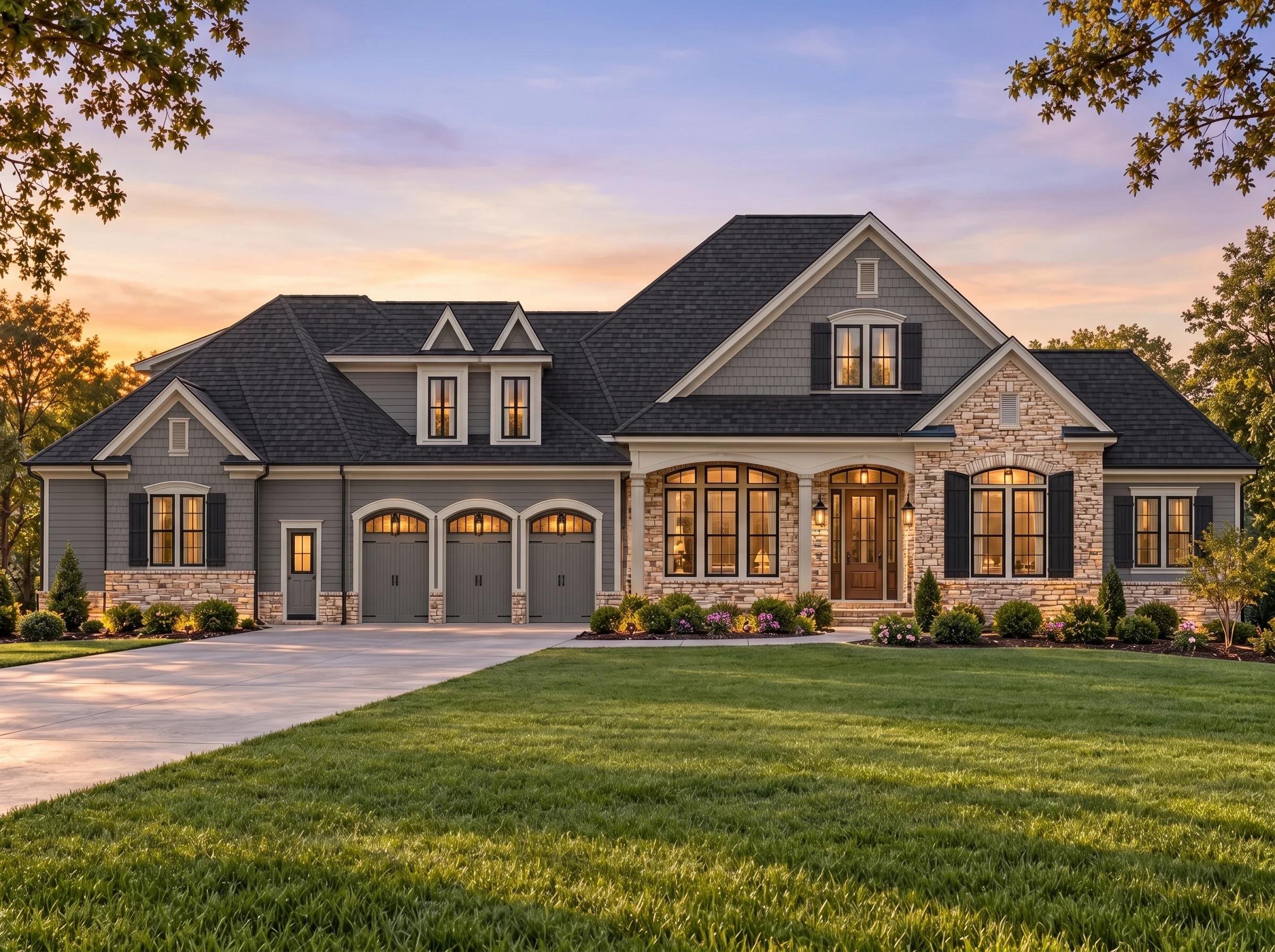 Plan  14-2074 – New Mexico Land |  Traditional Colonial – 4-Bed, 5-Bath, 4,311 SF - Warm Charcoal, AI-generated exterior concept