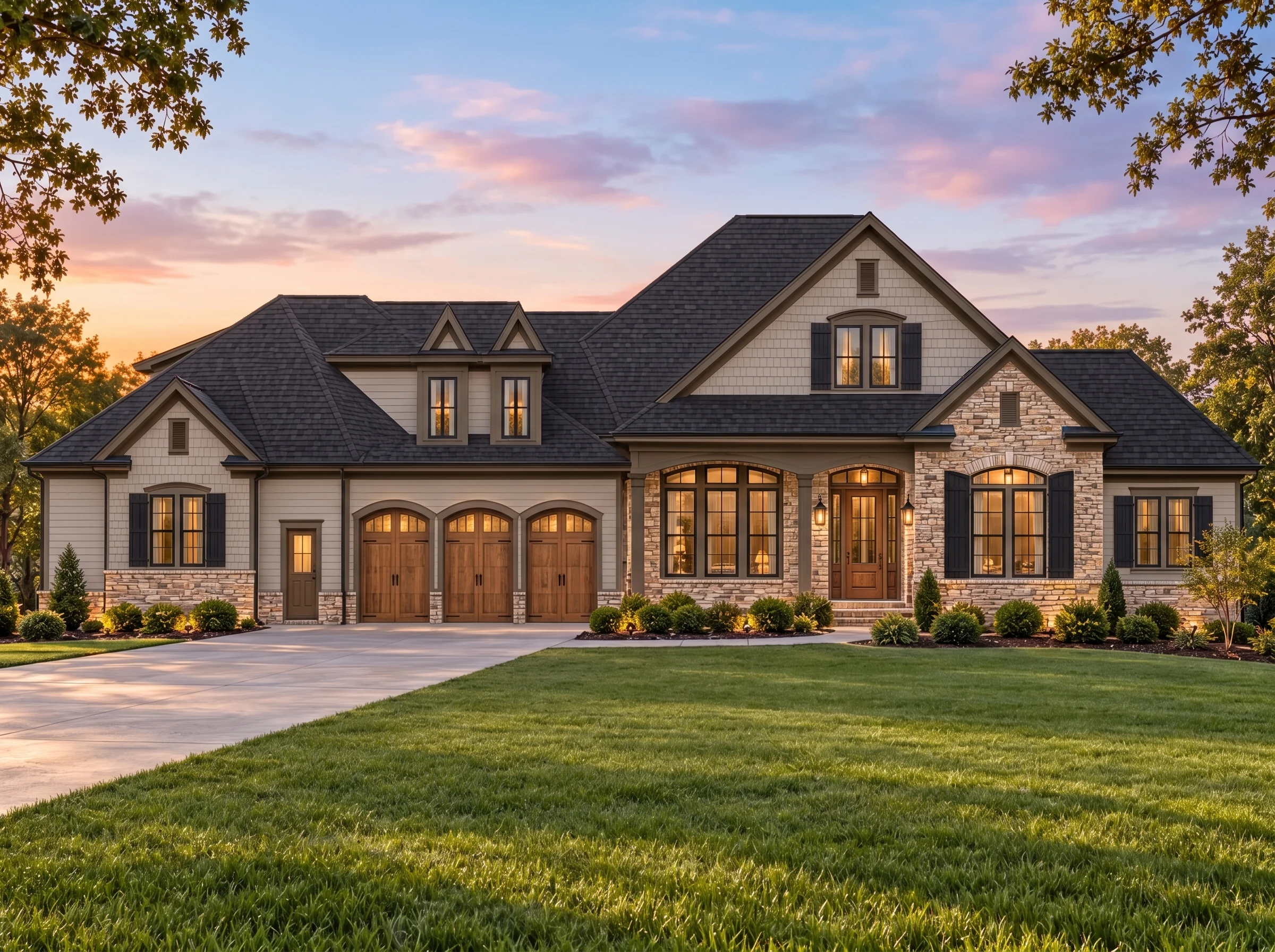 Plan  14-2074 – New Mexico Land |  Traditional Colonial – 4-Bed, 5-Bath, 4,311 SF - Mushroom Taupe, AI-generated exterior concept