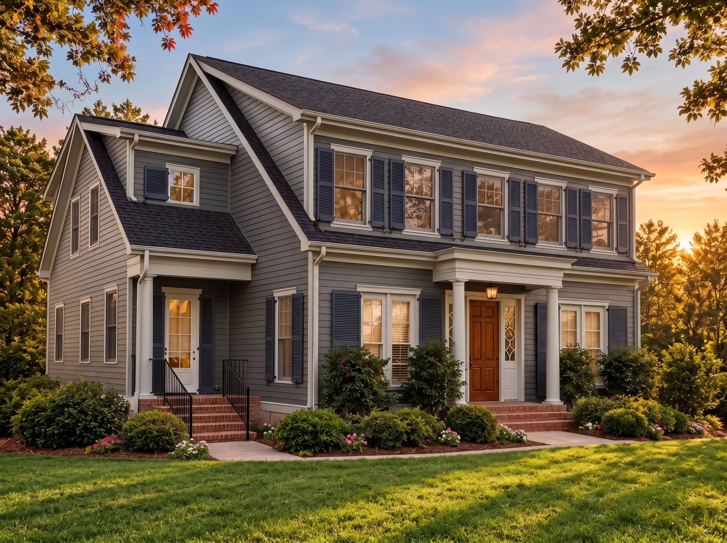 Plan  14-2093 – Basecamp Retreat |  Colonial Revival – 4-Bed, 3.5-Bath, 3,498 SF - Warm Charcoal, AI-generated exterior concept
