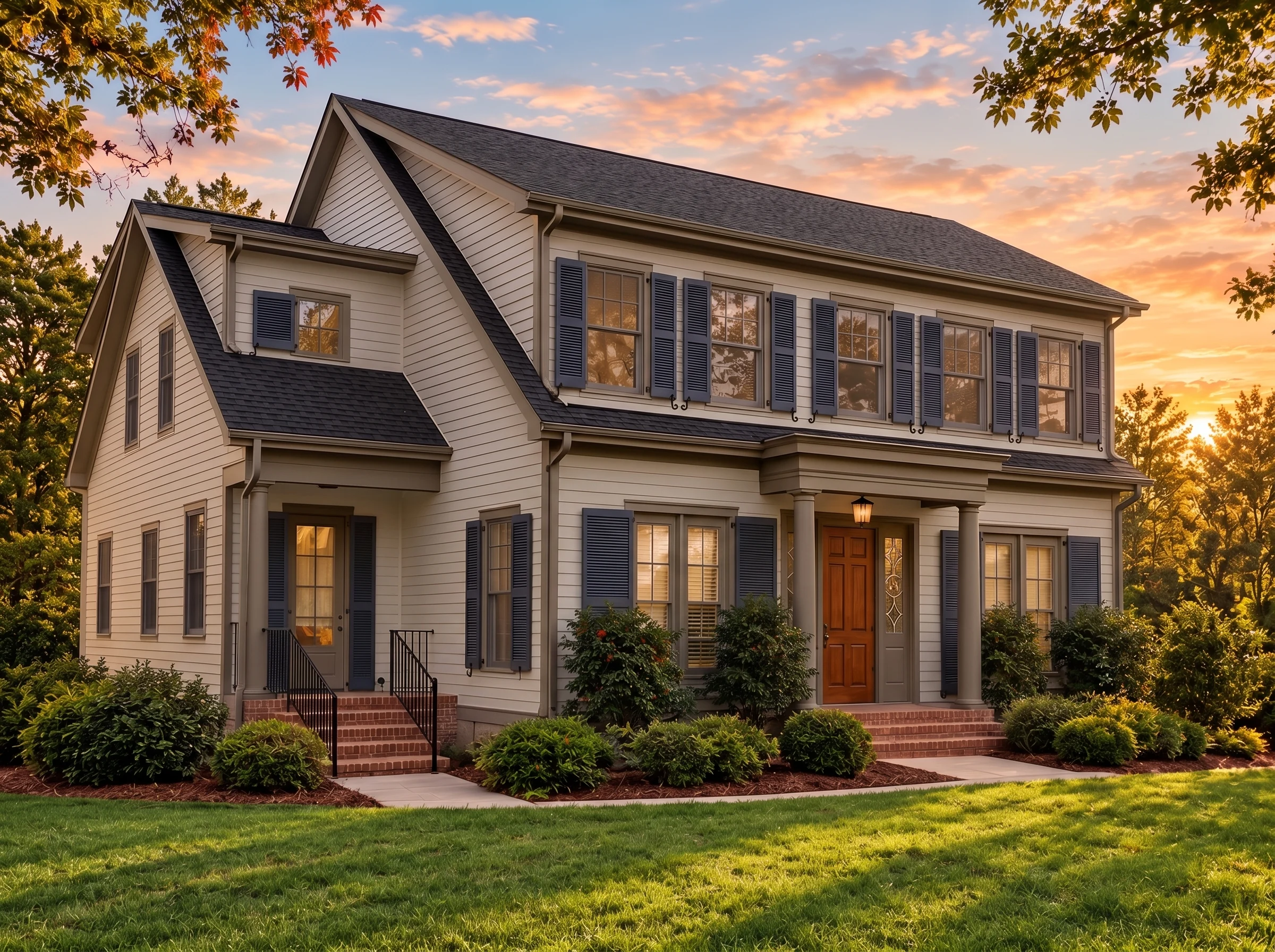 Plan  14-2093 – Basecamp Retreat |  Colonial Revival – 4-Bed, 3.5-Bath, 3,498 SF - Mushroom Taupe, AI-generated exterior concept