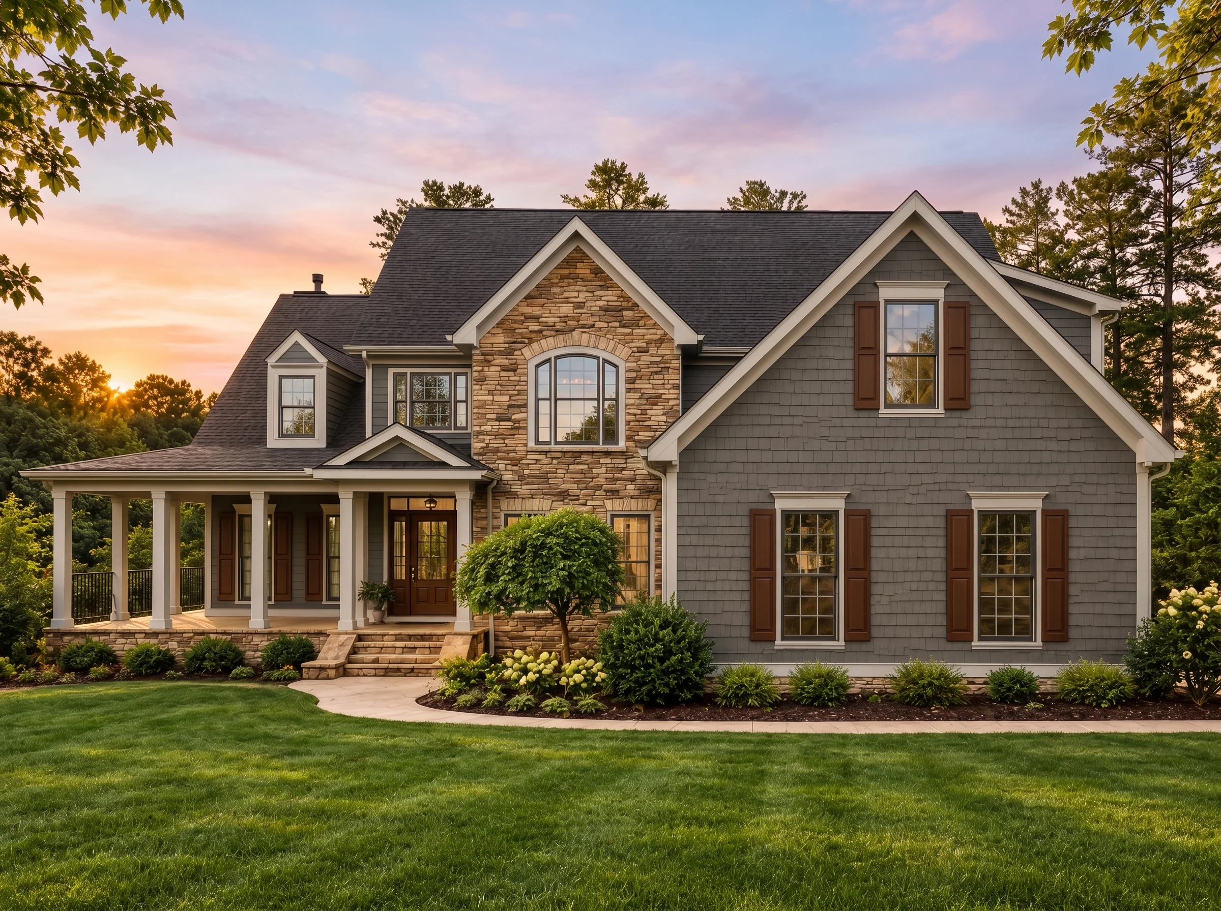 Plan  14-2106 – Willow Run Retreat |  Traditional Colonial – 4-Bed, 5-Bath, 3,950 SF - Warm Charcoal, AI-generated exterior concept