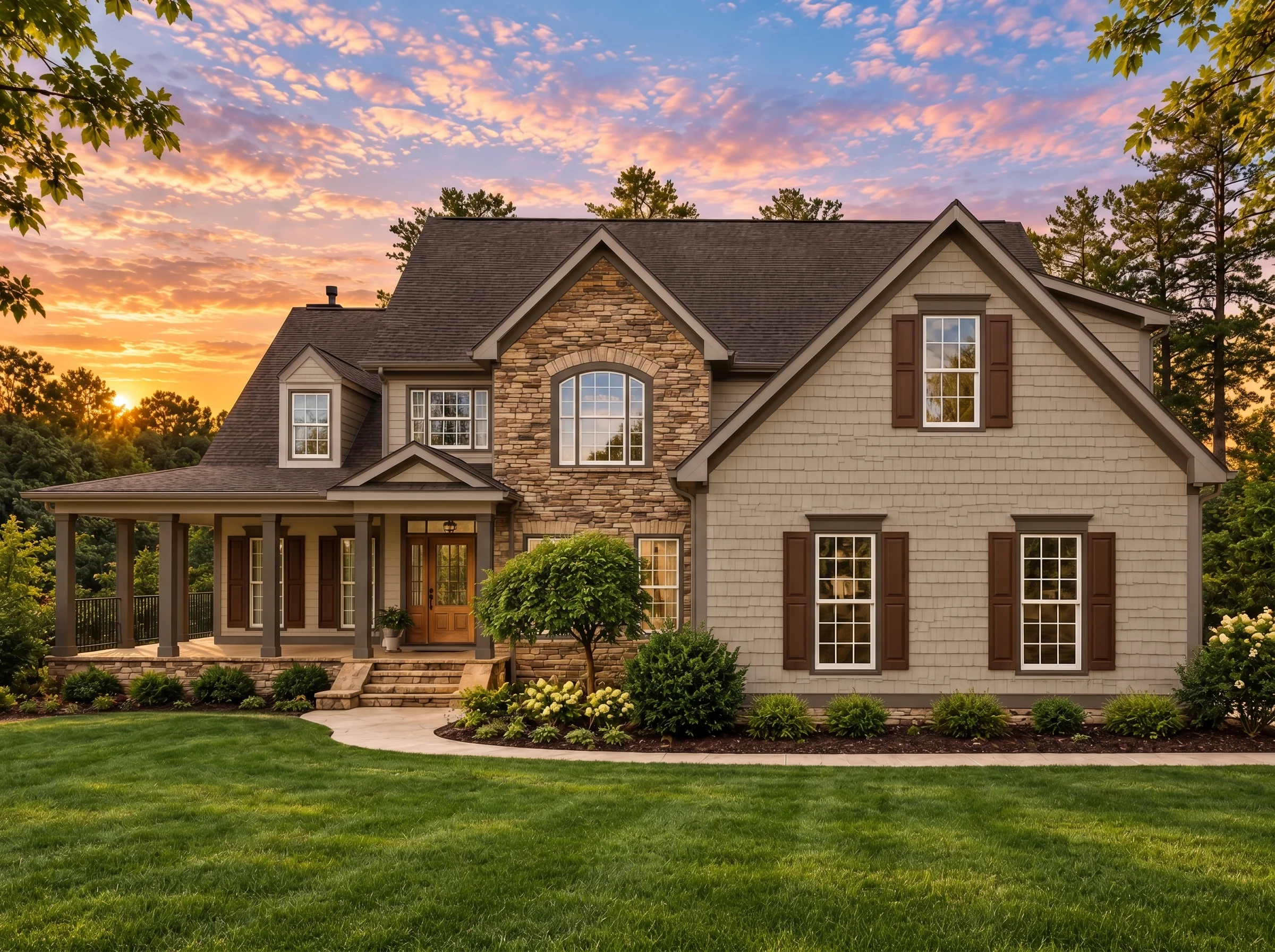 Plan  14-2106 – Willow Run Retreat |  Traditional Colonial – 4-Bed, 5-Bath, 3,950 SF - Mushroom Taupe, AI-generated exterior concept