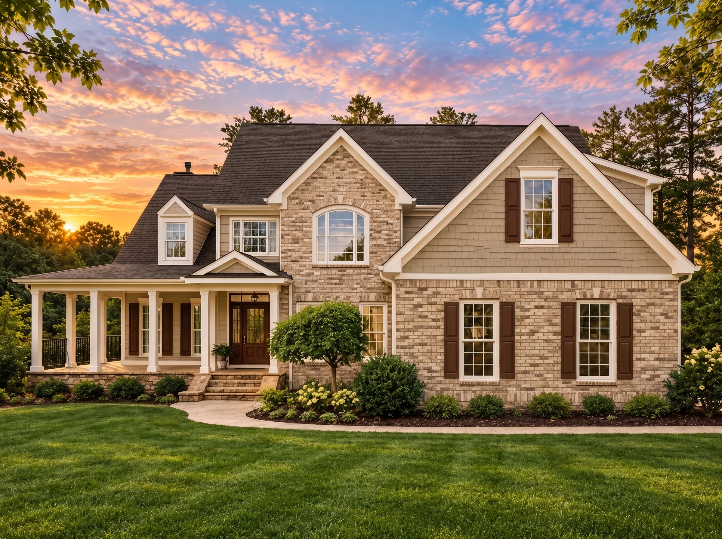 Plan  14-2106 – Willow Run Retreat |  Traditional Colonial – 4-Bed, 5-Bath, 3,950 SF - Natural Brick, AI-generated exterior concept