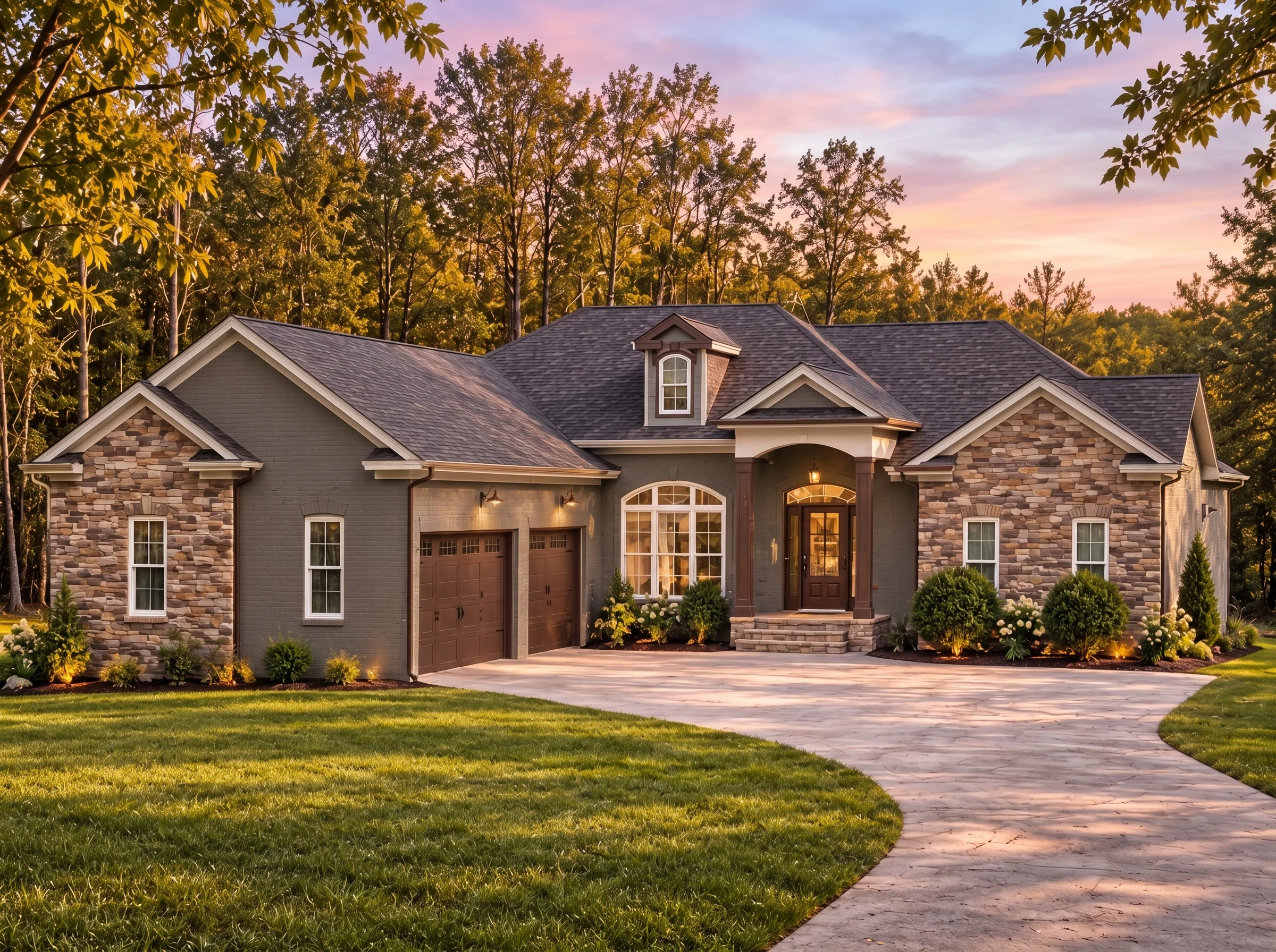Plan  14-2129 – Washington Sound |  Traditional Ranch – 3-Bed, 2.5-Bath, 2,308 SF - Warm Charcoal, AI-generated exterior concept