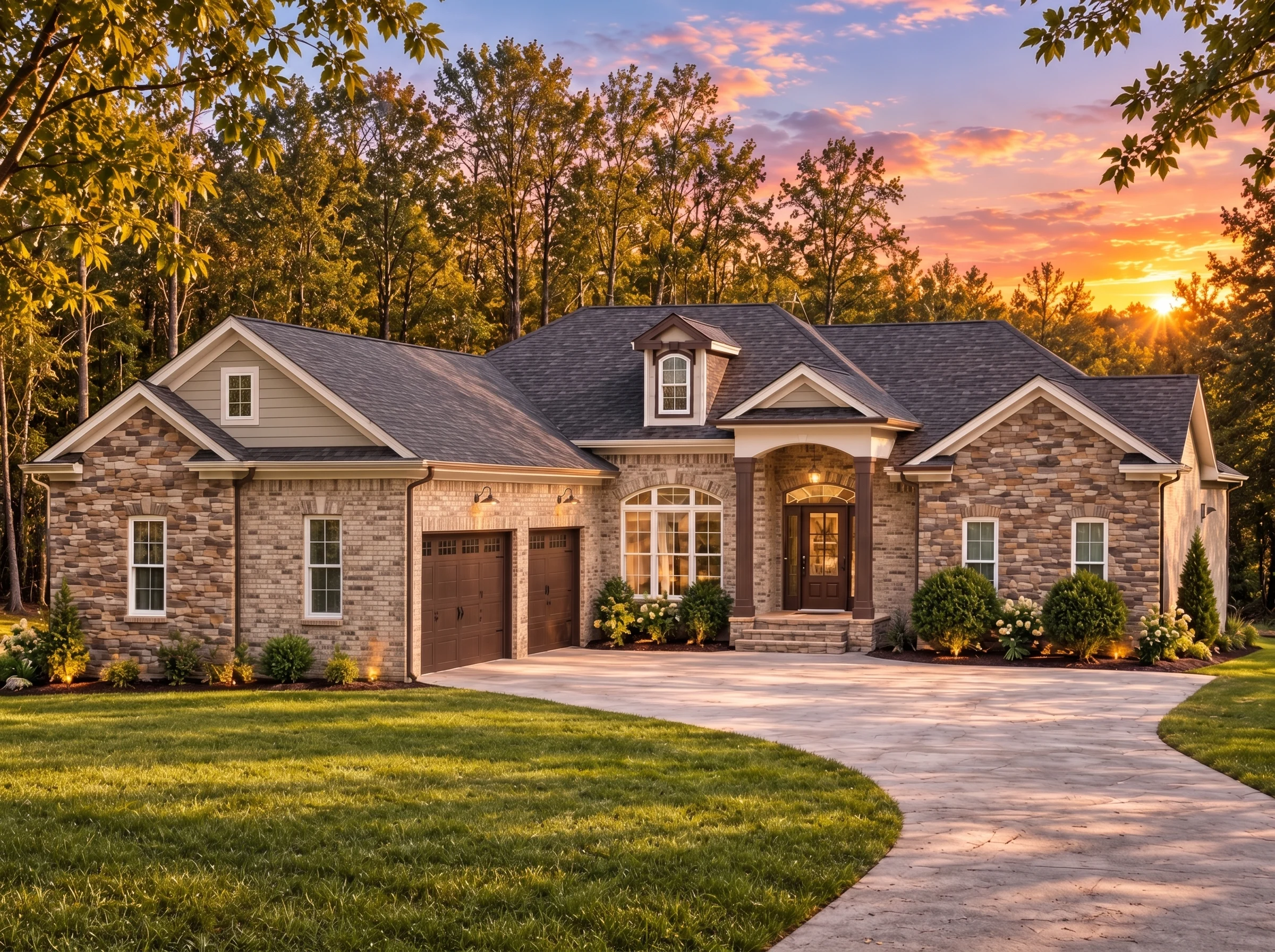 Plan  14-2129 – Washington Sound |  Traditional Ranch – 3-Bed, 2.5-Bath, 2,308 SF - Natural Brick, AI-generated exterior concept
