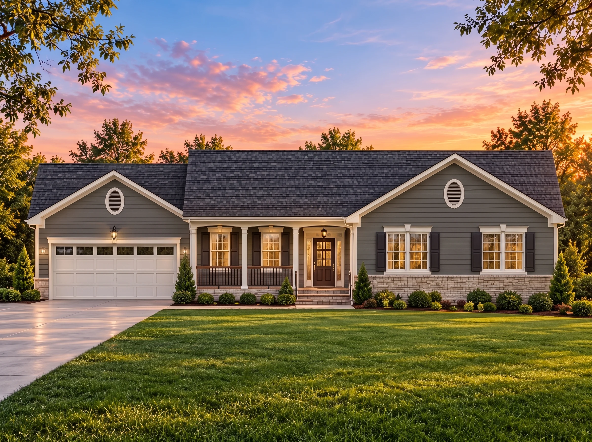 Plan  14-2130 – Maryland Free |  Traditional Ranch – 3-Bed, 2-Bath, 1,323 SF - Warm Charcoal, AI-generated exterior concept