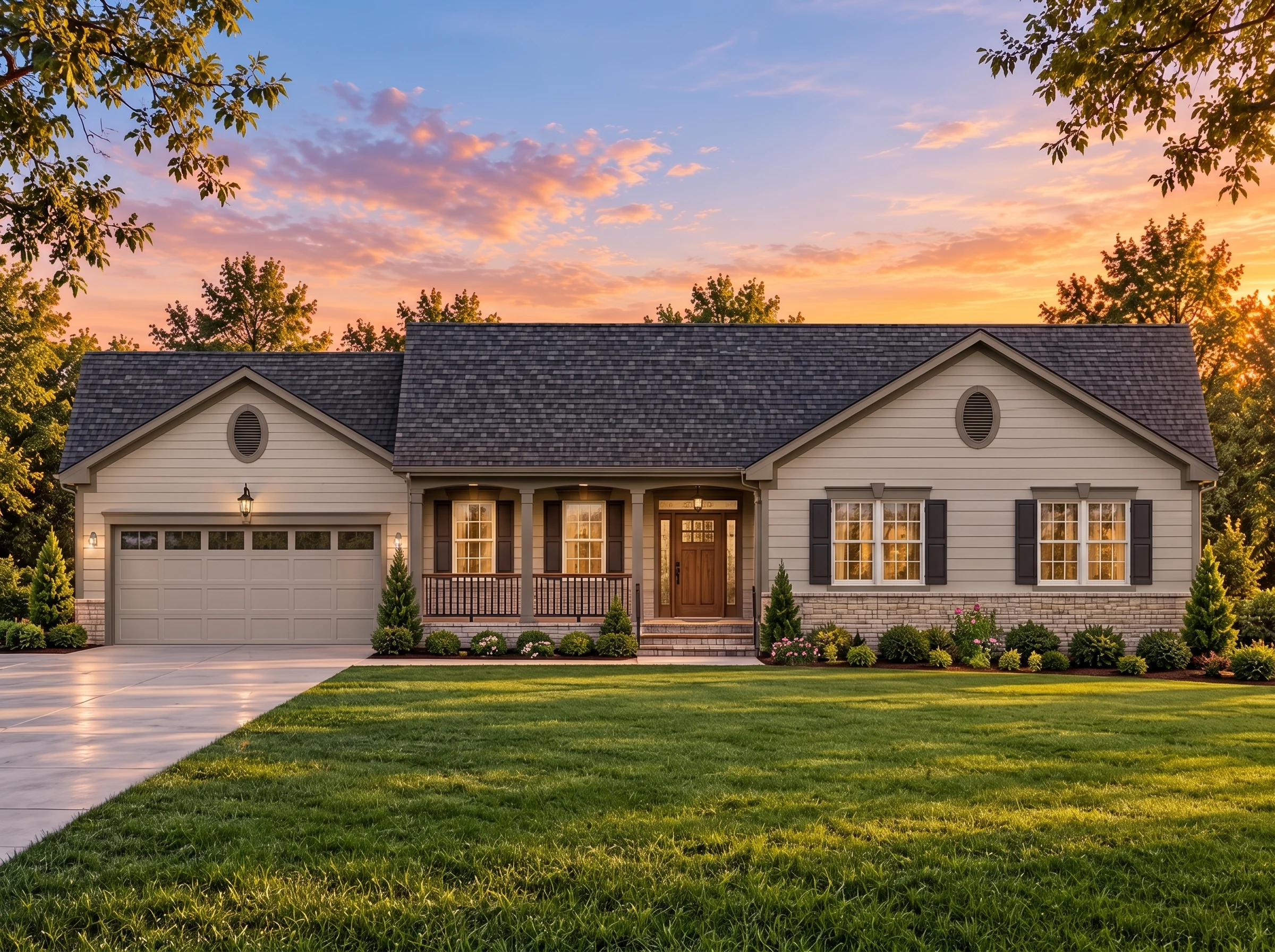 Plan  14-2130 – Maryland Free |  Traditional Ranch – 3-Bed, 2-Bath, 1,323 SF - Mushroom Taupe, AI-generated exterior concept