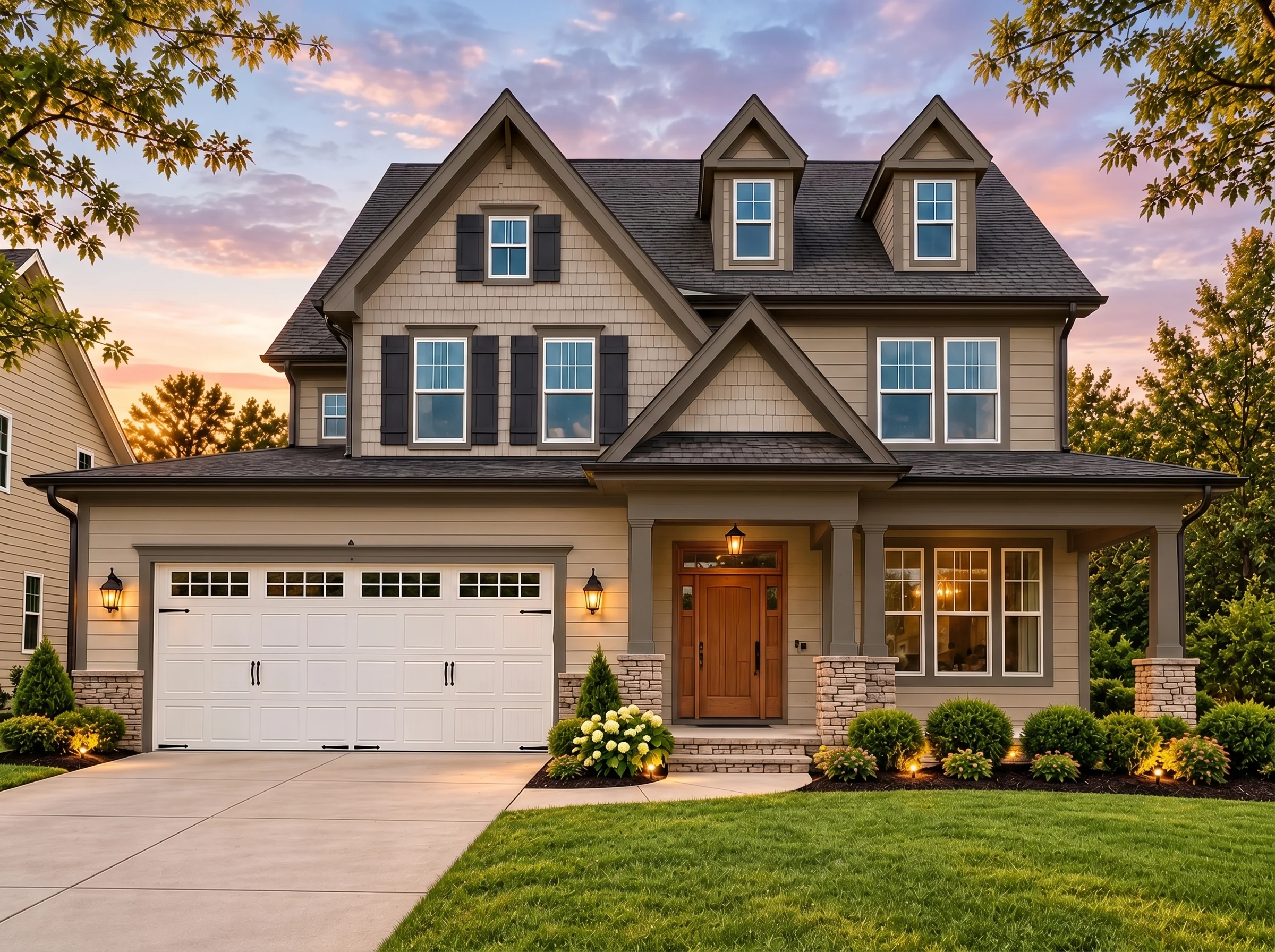Plan  14-2135 – Rose Cove Cabin |  Neo-Colonial – 5-Bed, 3-Bath, 2,752 SF - Mushroom Taupe, AI-generated exterior concept