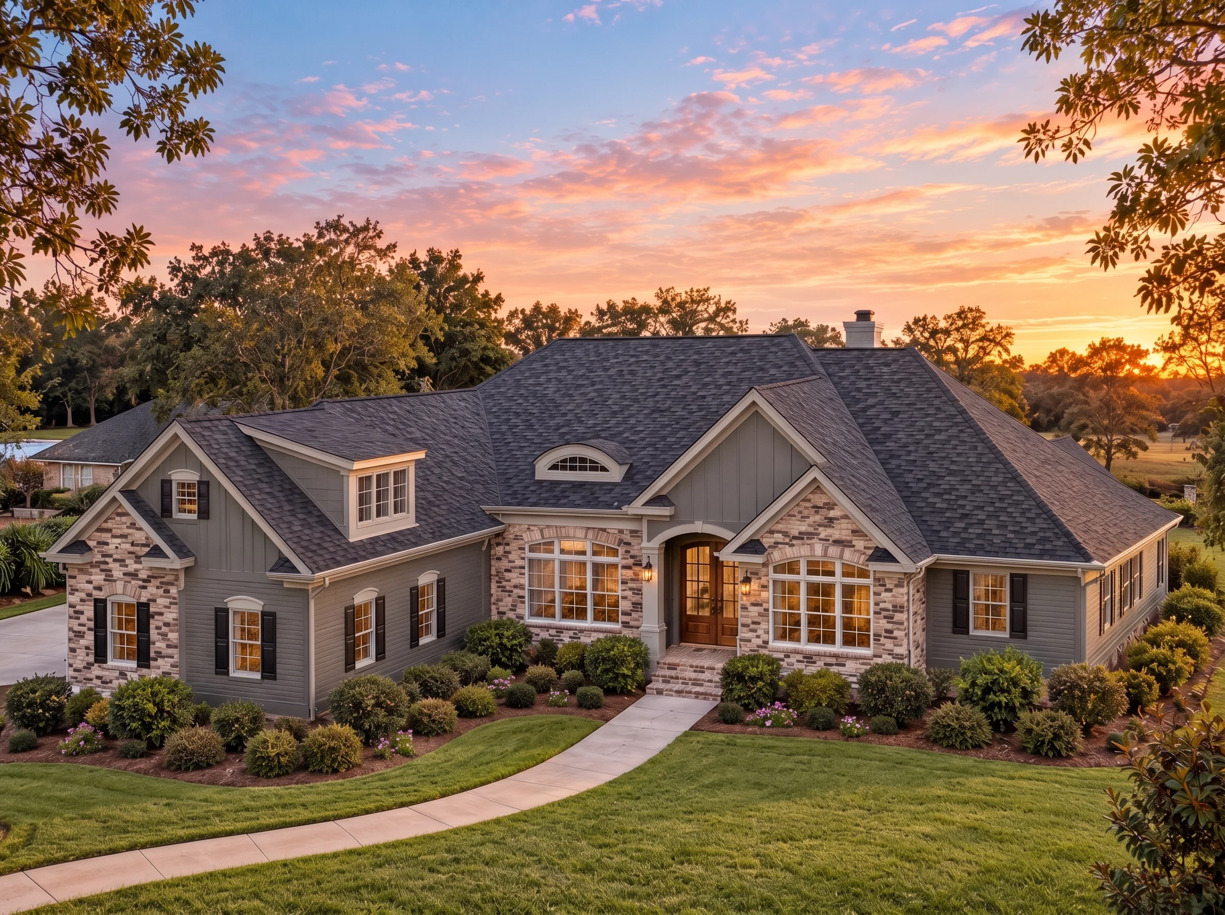 Plan  15-1009 – Alder Grove Manor |  New American – 3-Bed, 4.5-Bath, 3,963 SF - Warm Charcoal, AI-generated exterior concept