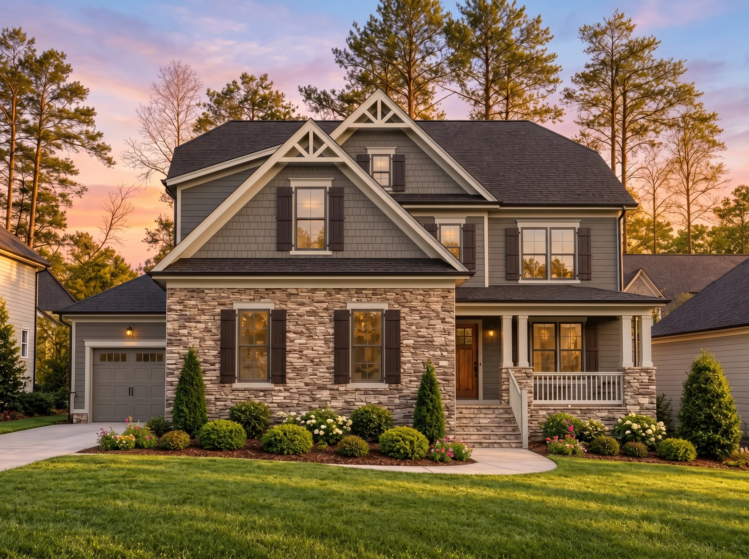 Plan  14-2157 – Chestnut Bluff Retreat  | Modern Farmhouse – 4-Bed, 5-Bath, 3,069 SF - Warm Charcoal, AI-generated exterior concept