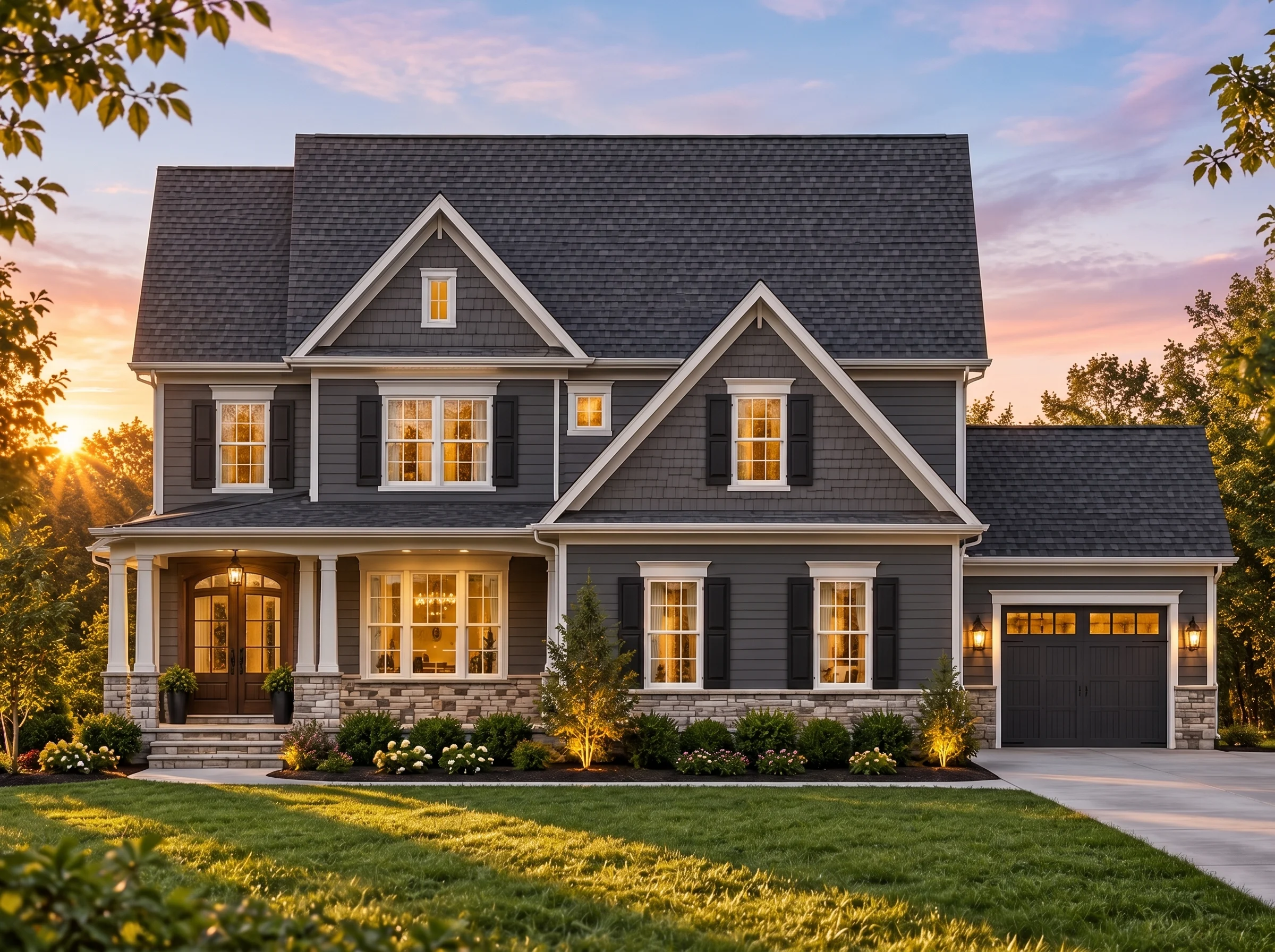 Plan  14-2160 – Magnolia Run Chalet  | Traditional Colonial – 4-Bed, 3.5-Bath, 2,962 SF - Warm Charcoal, AI-generated exterior concept