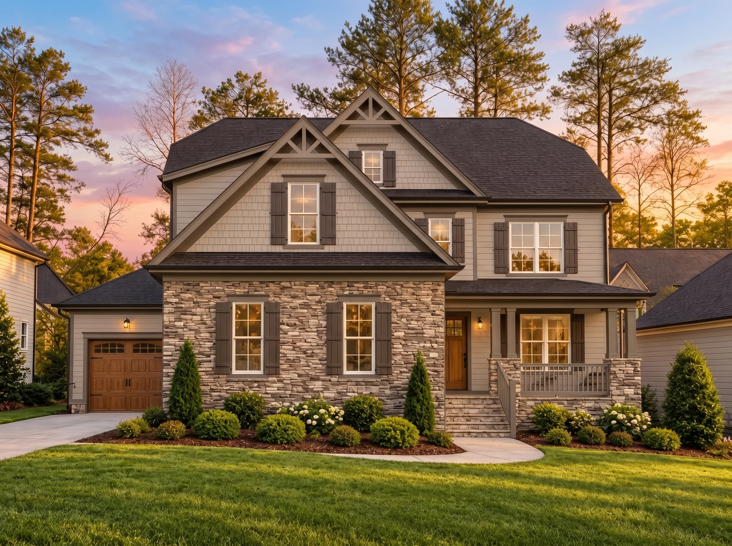 Plan  14-2157 – Chestnut Bluff Retreat  | Modern Farmhouse – 4-Bed, 5-Bath, 3,069 SF - Mushroom Taupe, AI-generated exterior concept