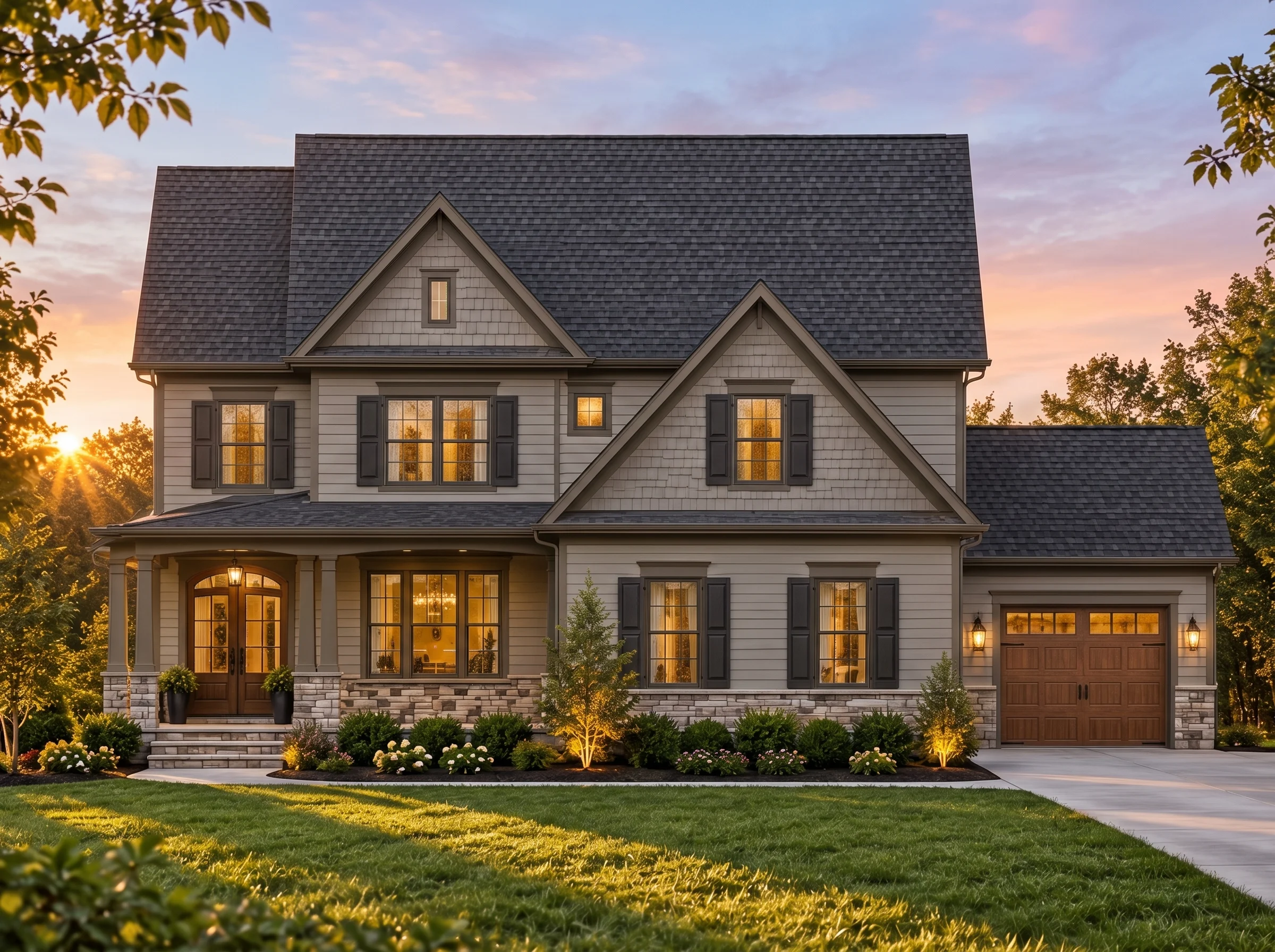 Plan  14-2160 – Magnolia Run Chalet  | Traditional Colonial – 4-Bed, 3.5-Bath, 2,962 SF - Mushroom Taupe, AI-generated exterior concept